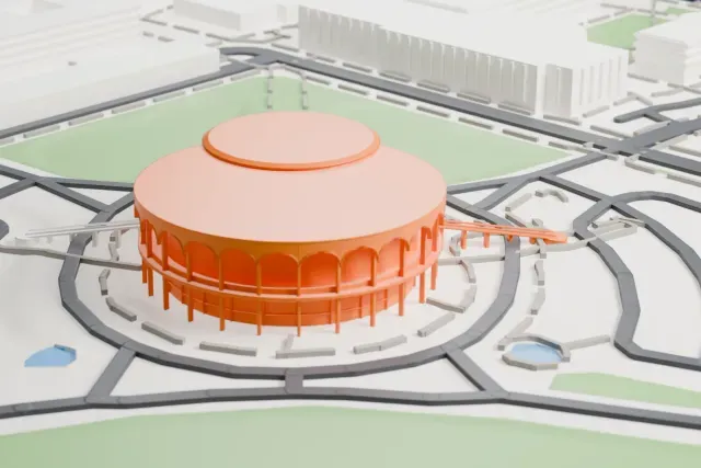 A white 3D print of the Grady Gammage Memorial Auditorium model in Tempe, with the streets around it.