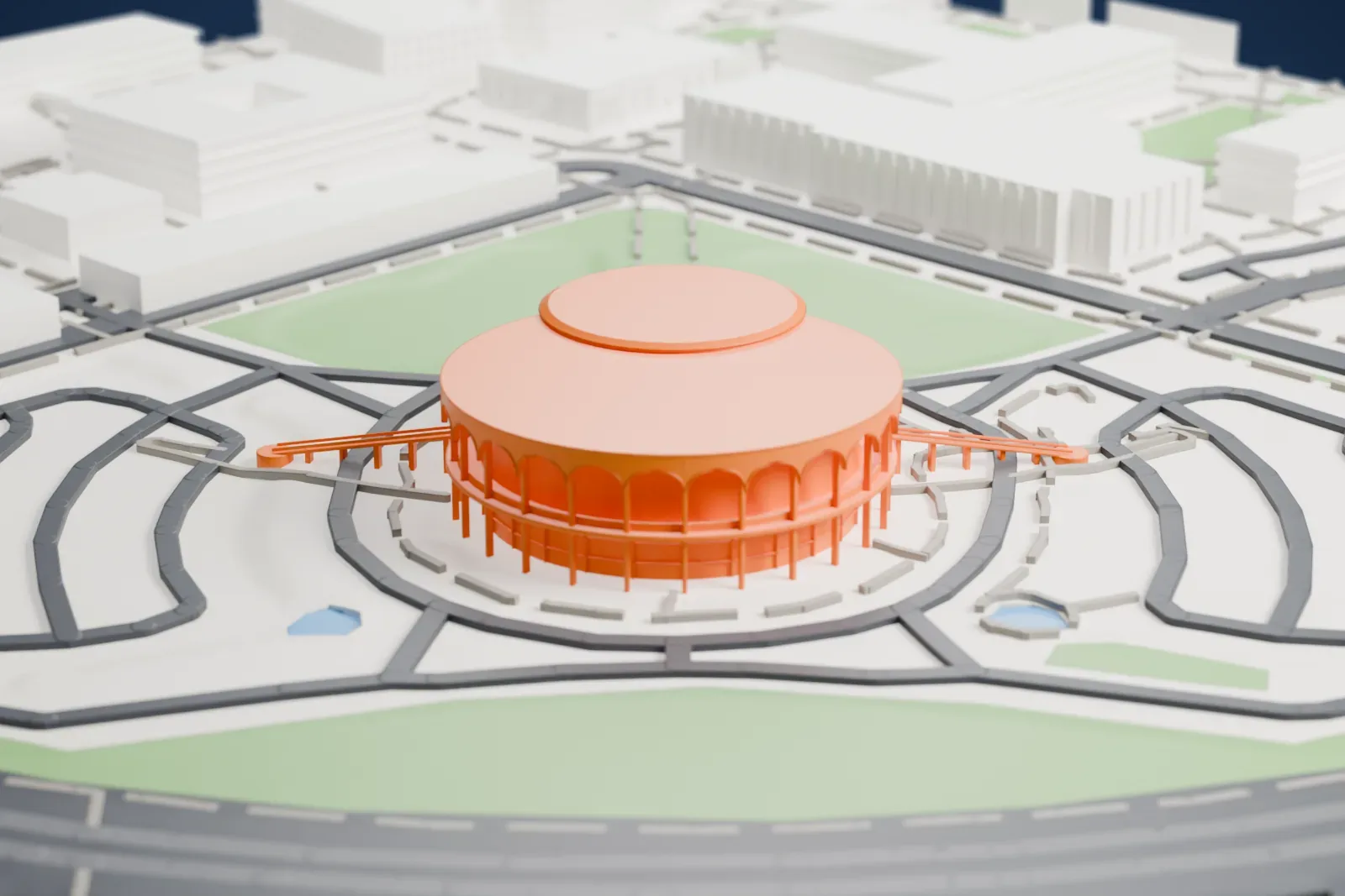 A white 3D print of the Grady Gammage Memorial Auditorium with round roofs and projecting ramps, surrounded by roads, green space, and nearby buildings.