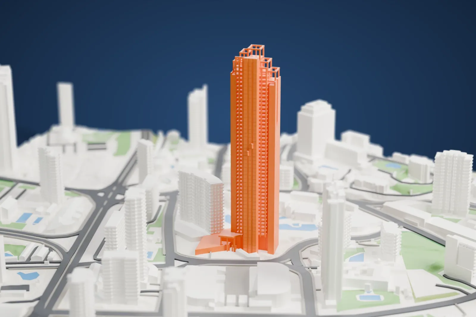 A white 3D print of the Gran Hotel Bali, its slender tower rising above surrounding buildings.