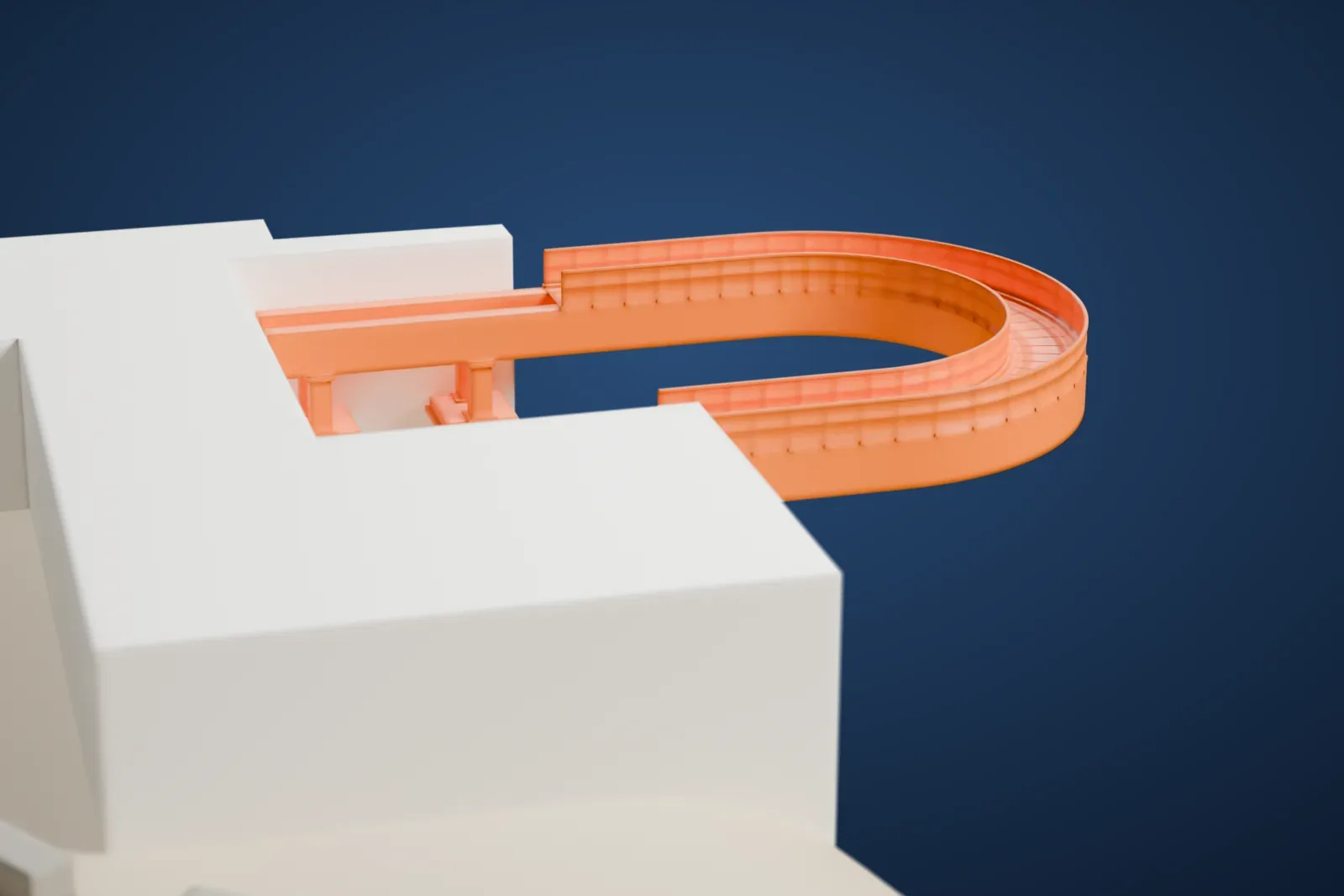 A white 3D print of the Grand Canyon Skywalk, a horseshoe-shaped walkway reaching out from a large building over sloping canyon terrain.