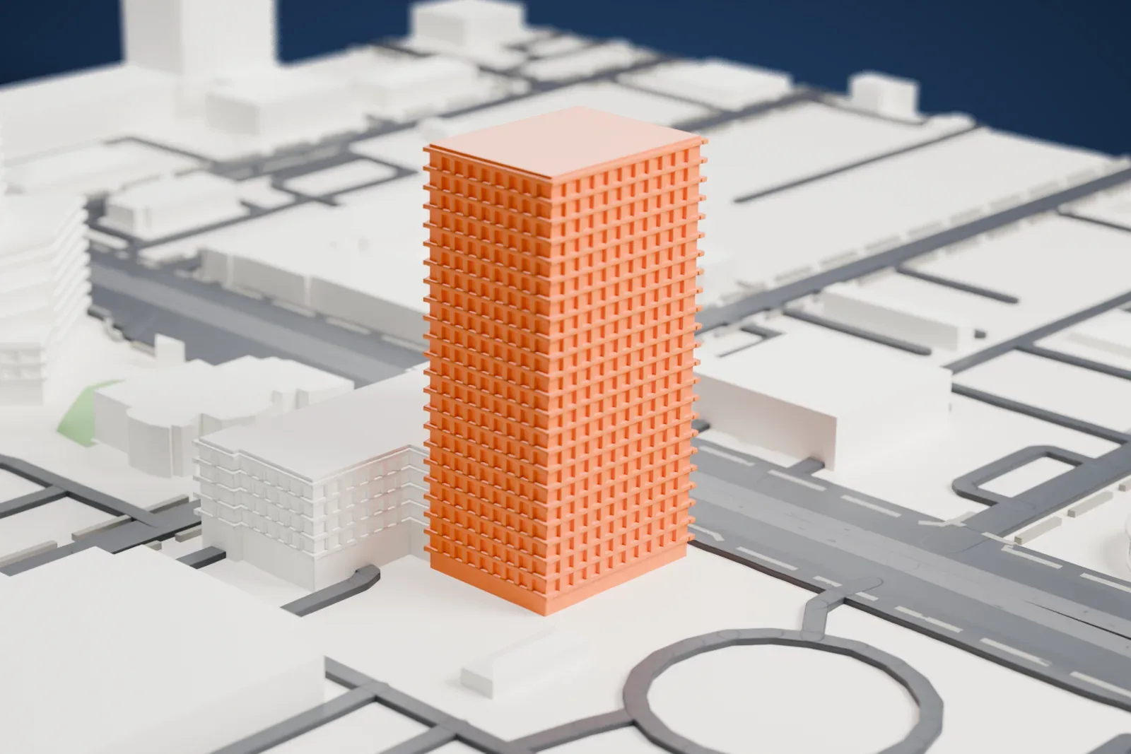 A white 3D print of the Grand Central Tower, a rectangular tower with a multi-gabled pitched roof, beside wide roads, a ring-shaped drive and low buildings.