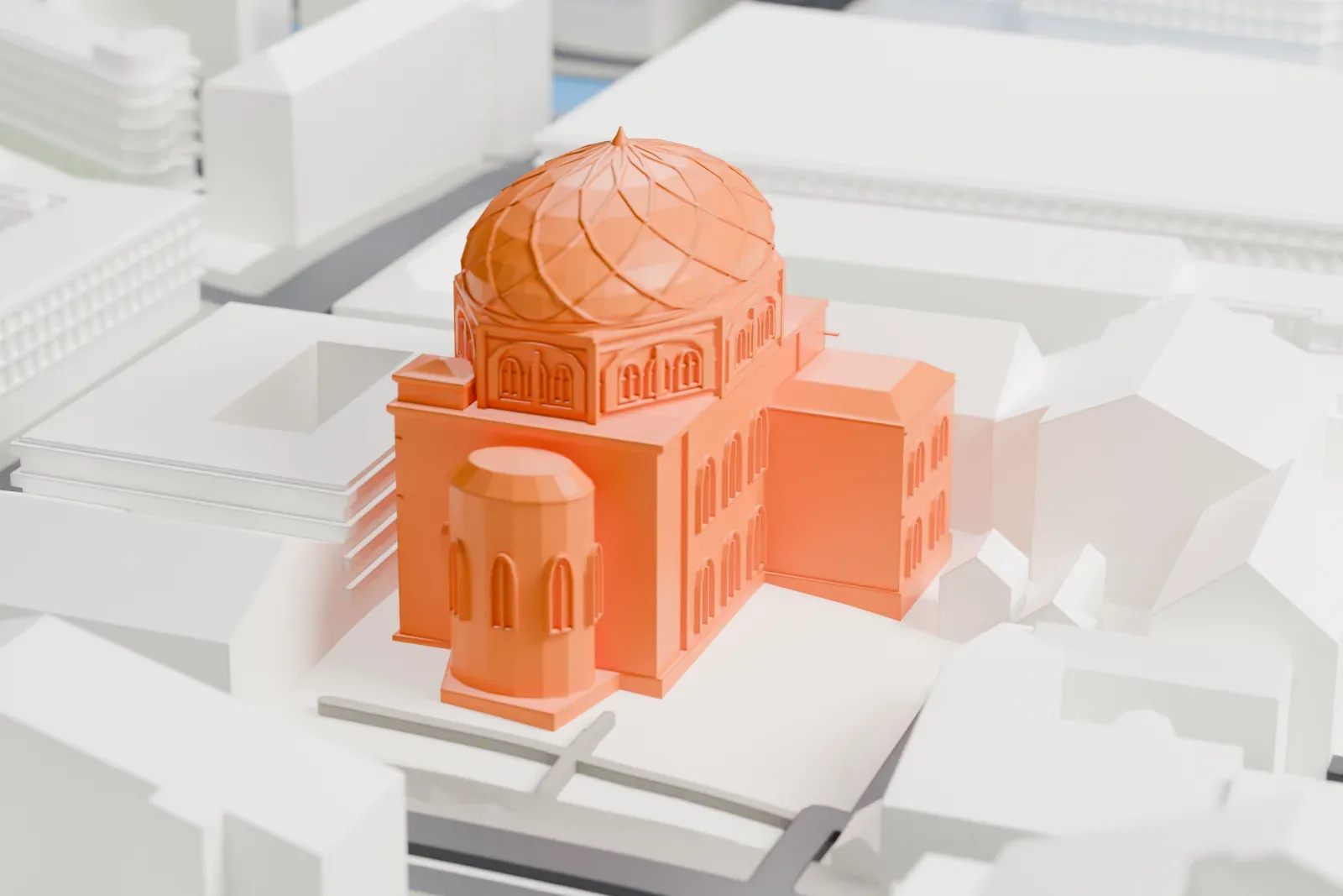 A white 3D print of the Grand Choral Synagogue among the surrounding streets and buildings.