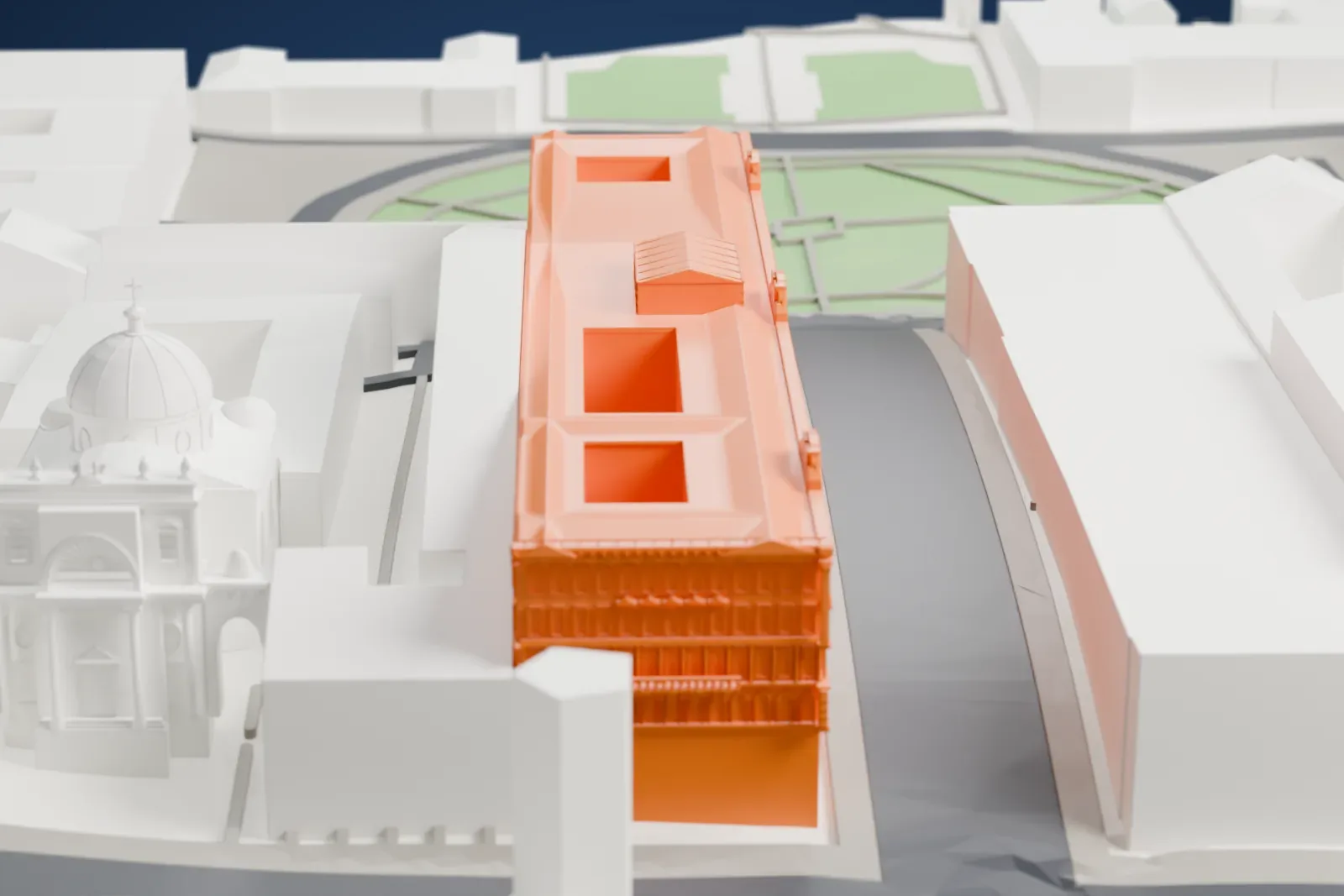 A white 3D print of the Grand Hotel Europe on Nevsky Prospect, with surrounding streets and buildings in Saint Petersburg.
