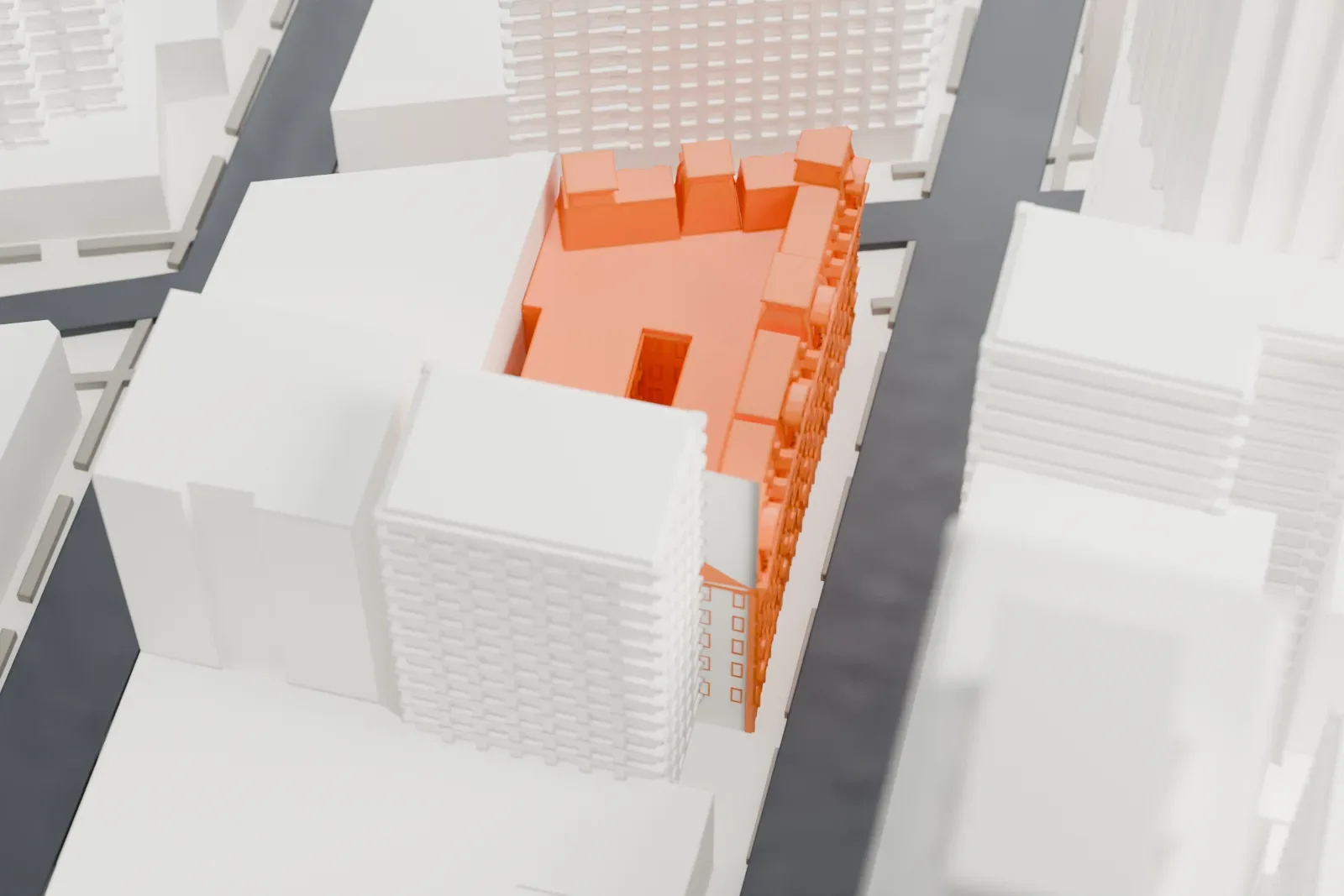 A white 3D print of the Grand Hotel, a narrow ornate building with a decorated roofline, squeezed between much taller buildings.