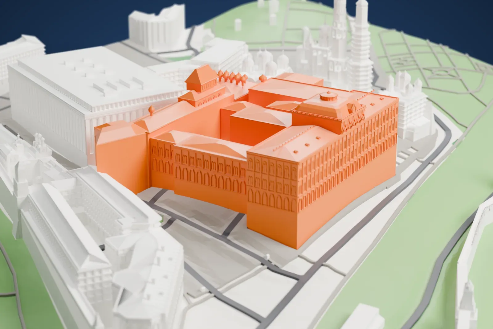 A white 3D print of the Grand Kremlin Palace in Moscow, shown among the surrounding streets and buildings.