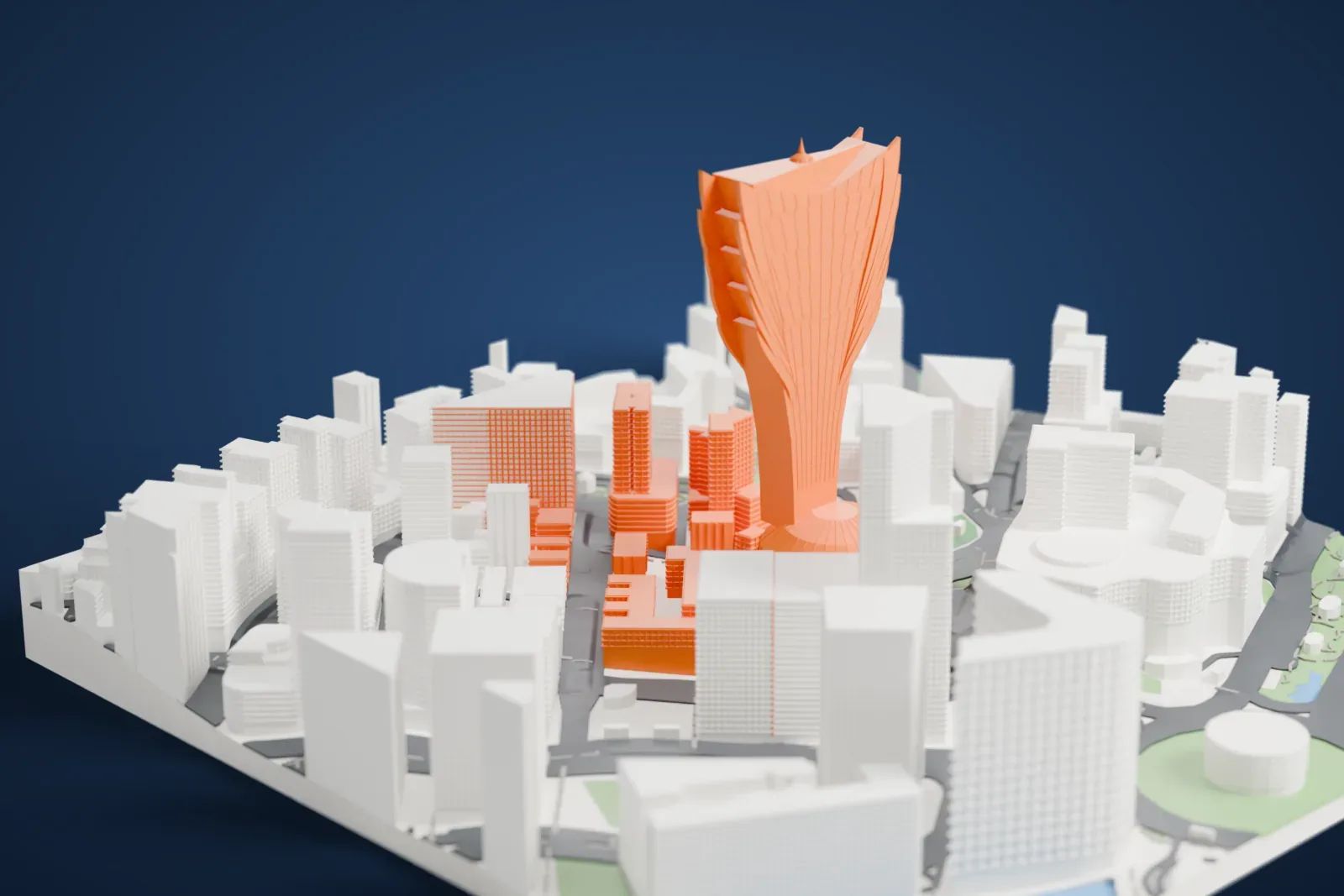 A white 3D print of Grand Lisboa, a tall tower that narrows to a slim waist and flares into a wide crown above a ball-shaped base, surrounded by dense blocks of tall buildings.