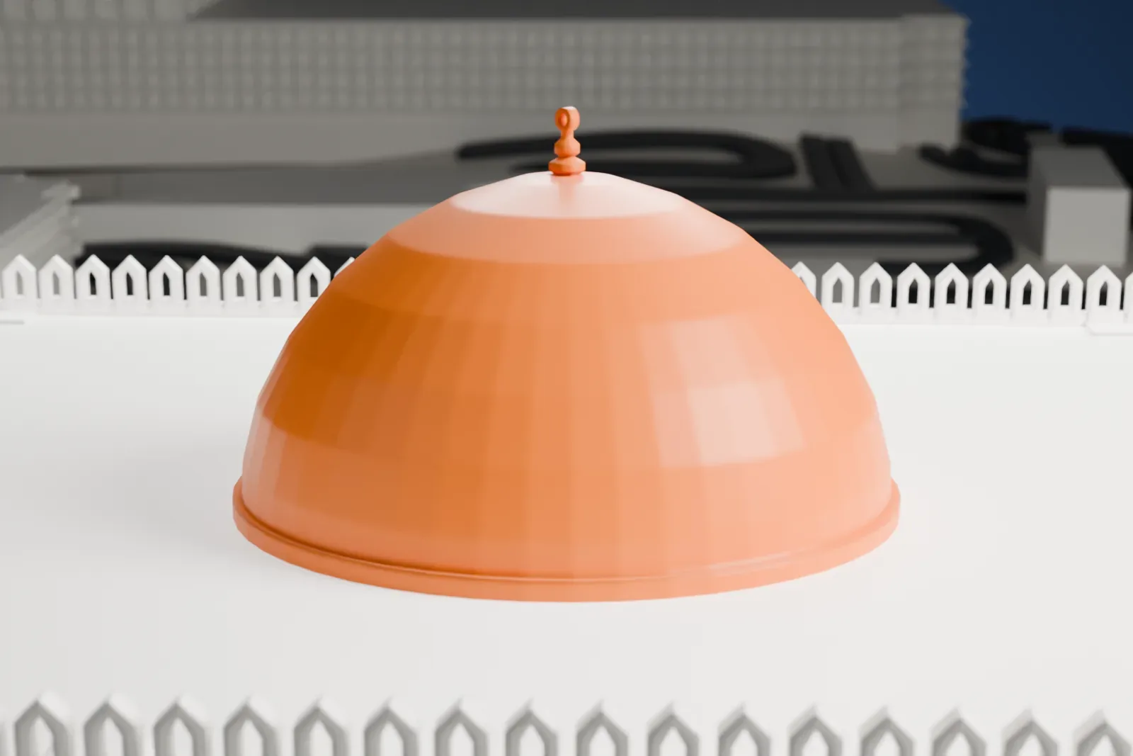 A white 3D print of the Grand Mosque of Kuwait, a square building with a central dome, an arched facade and a columned portico, among roads and large blocky buildings.