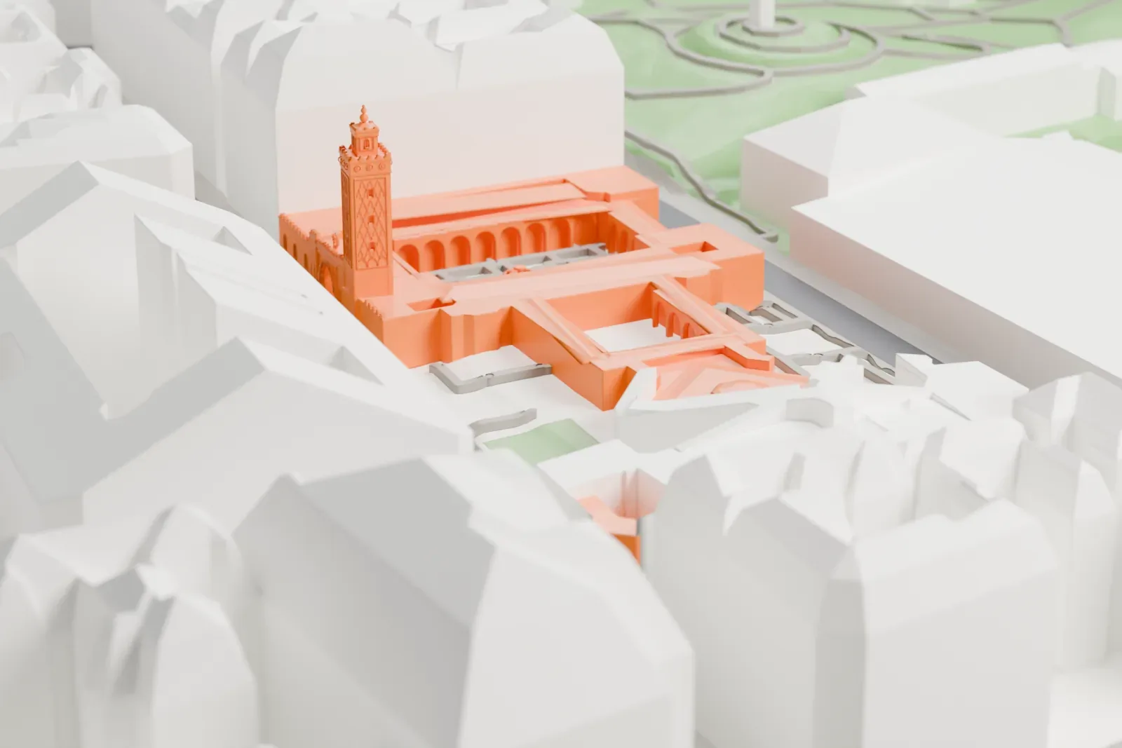 A white 3D print of the Grand Mosque of Paris, a long low complex, among the surrounding streets and buildings of the 5th arrondissement.