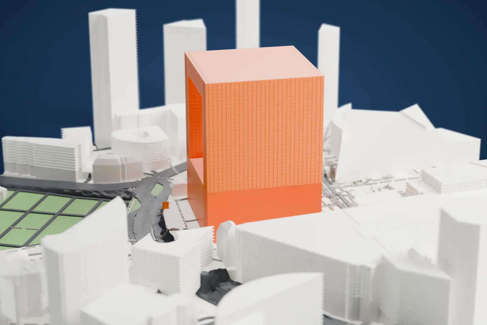 A white 3D print of the Grande Arche, a huge cube with a large square opening cut through it, standing among office buildings, roads and green plots.