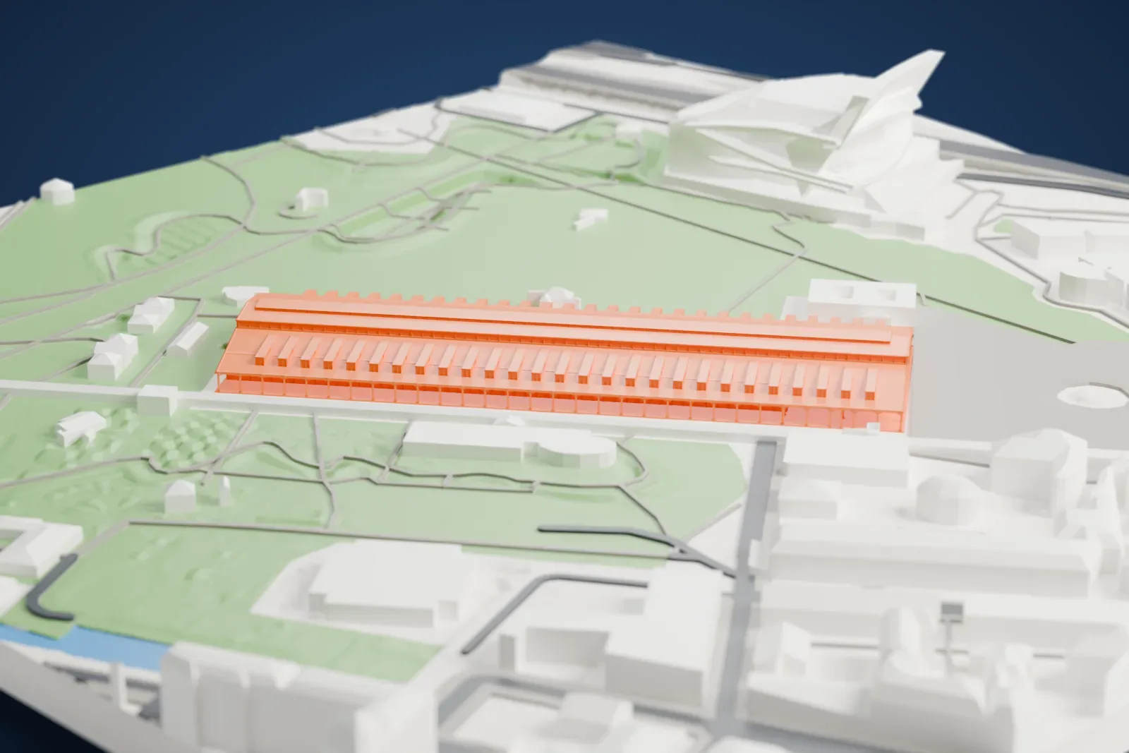 A white 3D print of the Grande Halle de la Villette, a long hall standing within the Parc de la Villette.