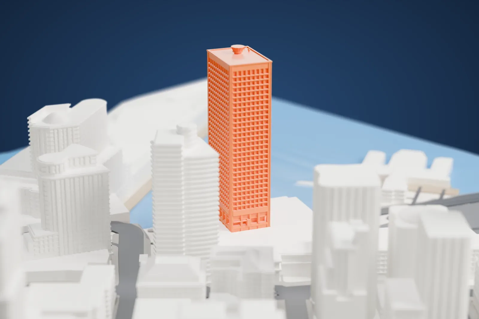 A white 3D print of Granville Square in downtown Vancouver, surrounded by streets and buildings.