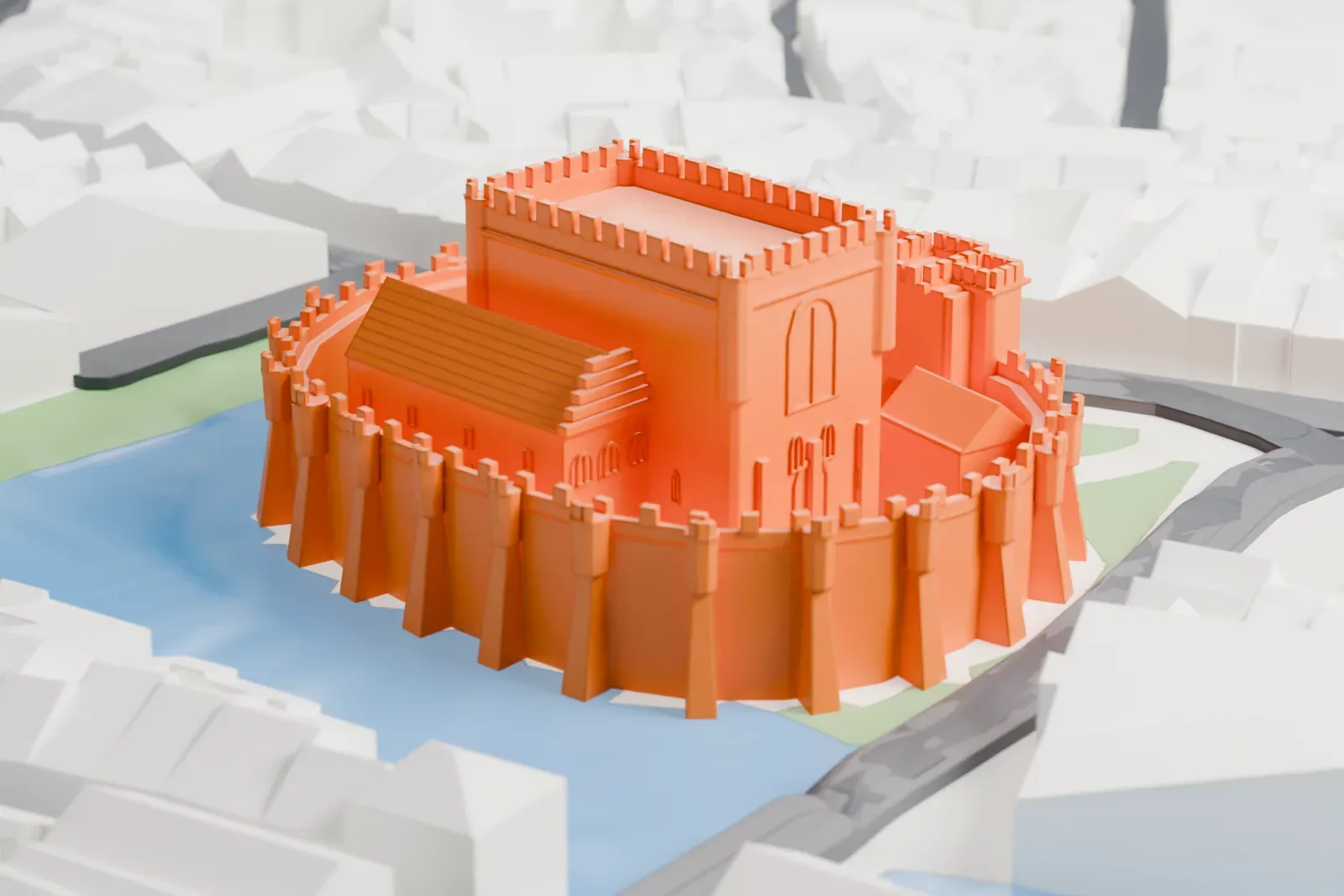 A white 3D print of the Gravensteen, a castle with a round battlemented outer wall ringed by small turrets, a tall square keep and smaller buildings inside, surrounded by water and dense buildings.