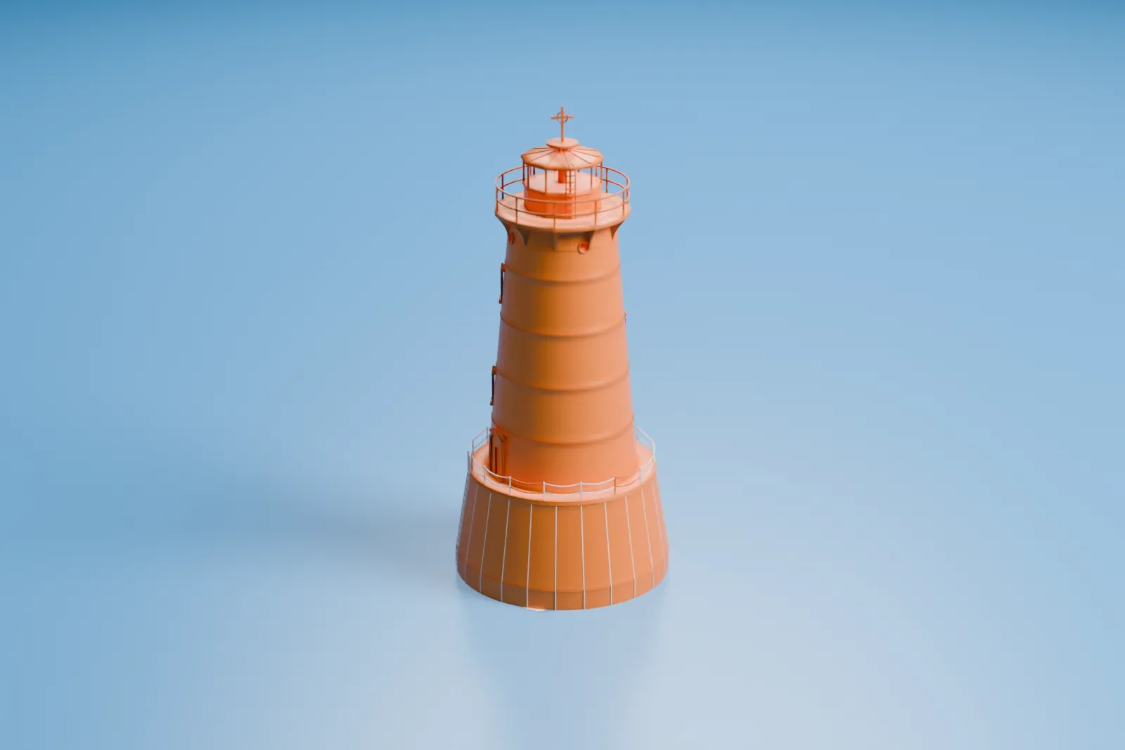 A white 3D print of Great Beds Light, a tapering lighthouse with railed balconies and a small lantern, standing alone in open water.