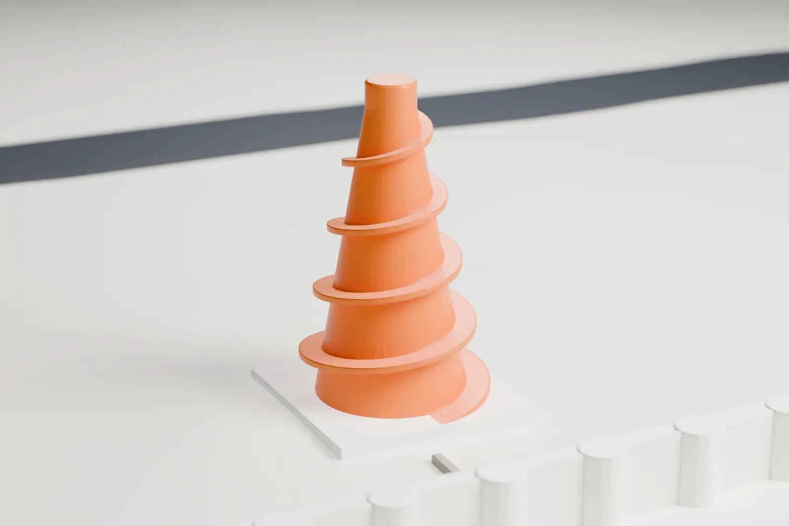 A white 3D print of the Great Mosque of Samarra, a rectangular outer wall with small round towers beside a tall spiral minaret on a square base, on open ground with roads and low buildings around it.
