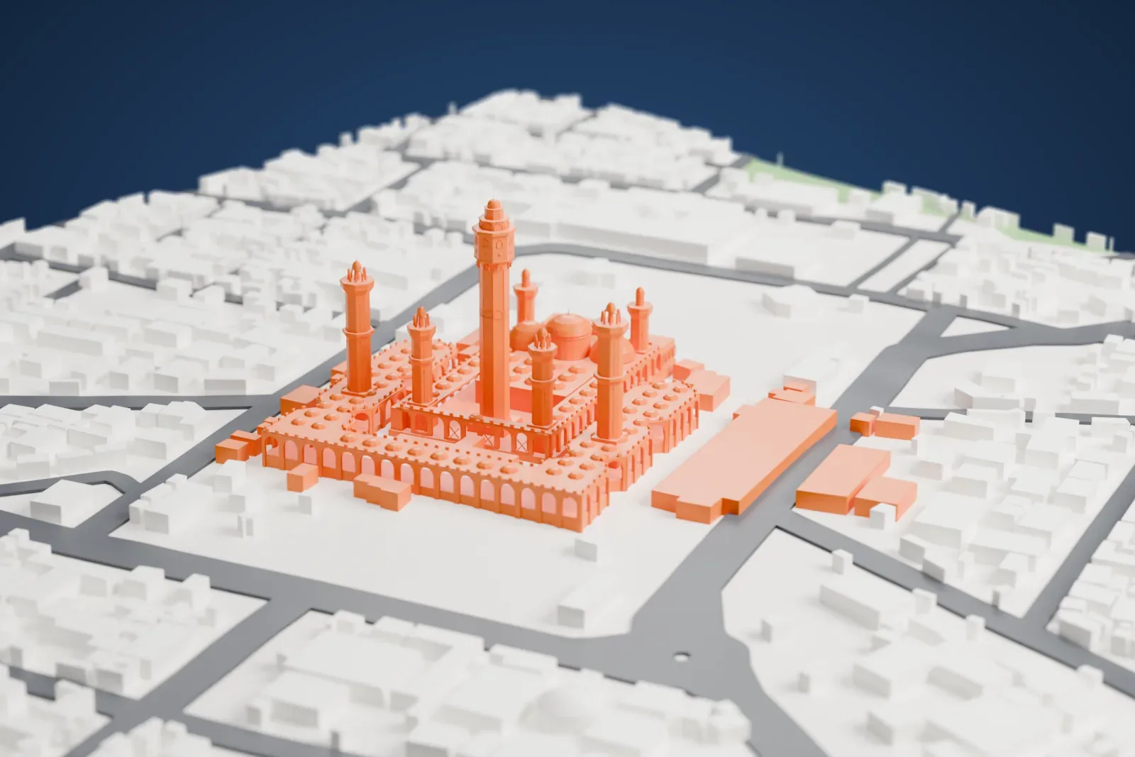 A white 3D print of the Great Mosque of Touba, a broad complex with one tall central minaret, several smaller minarets, many small domes and arched arcades, surrounded by low buildings and streets.