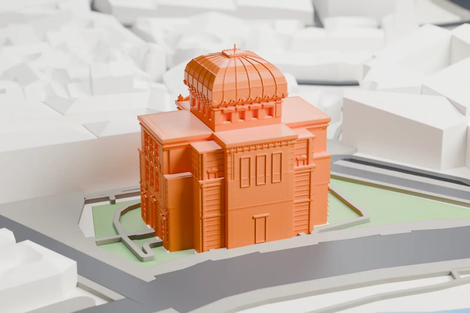 A white 3D print of the Great Synagogue of Rome among the surrounding streets and buildings.
