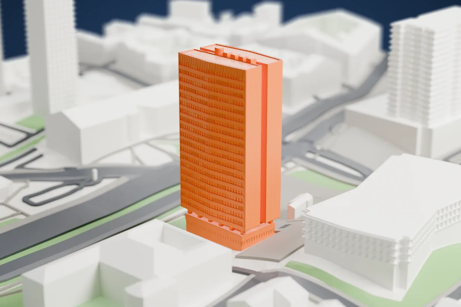 A white 3D print of the Greece–Bosnia and Herzegovina Friendship Building, a tall office slab with paired end blades and a flat white crown, among the surrounding streets and buildings of Sarajevo.
