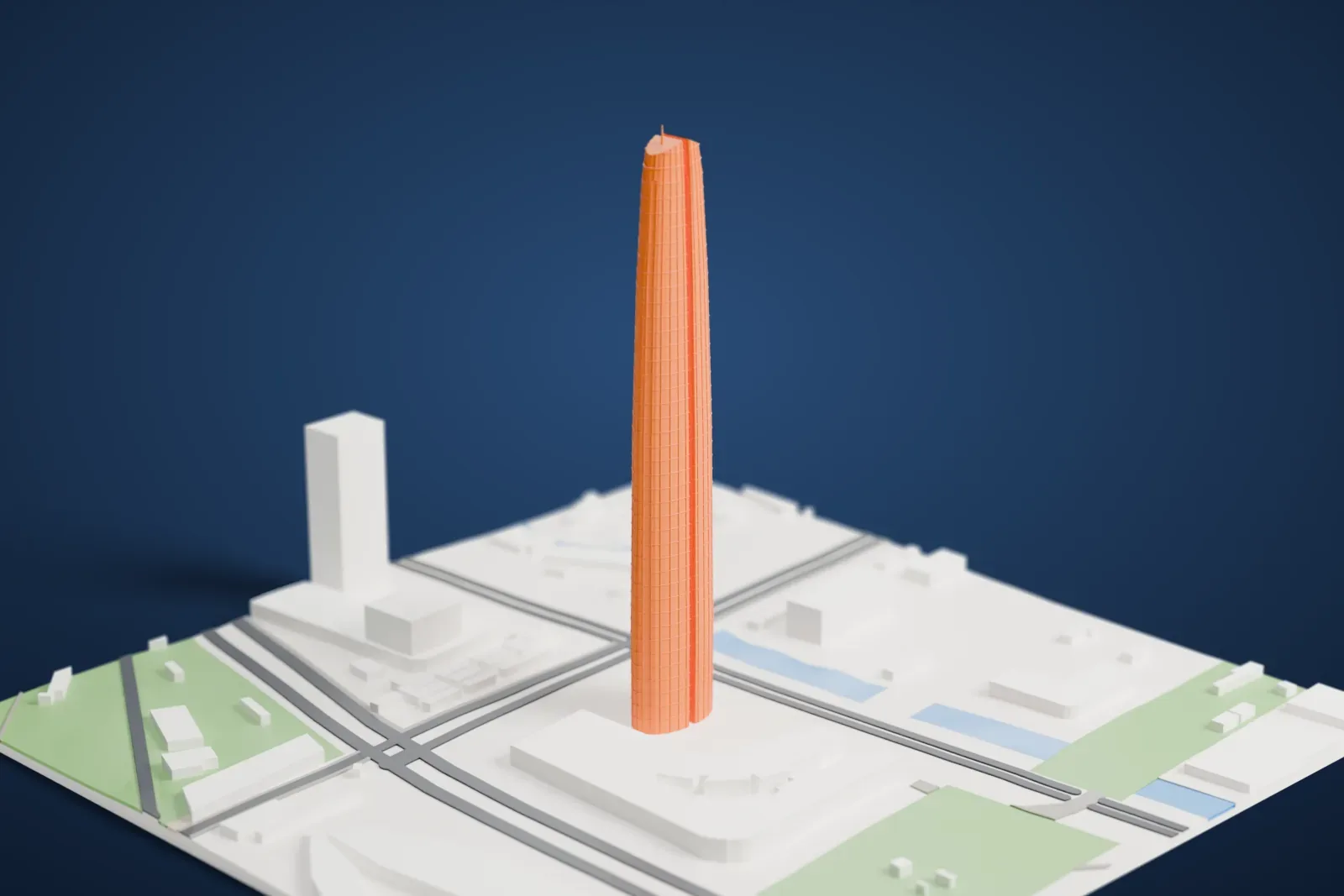 A white 3D print of Greenland Group Suzhou Center rising above the surrounding streets and buildings.