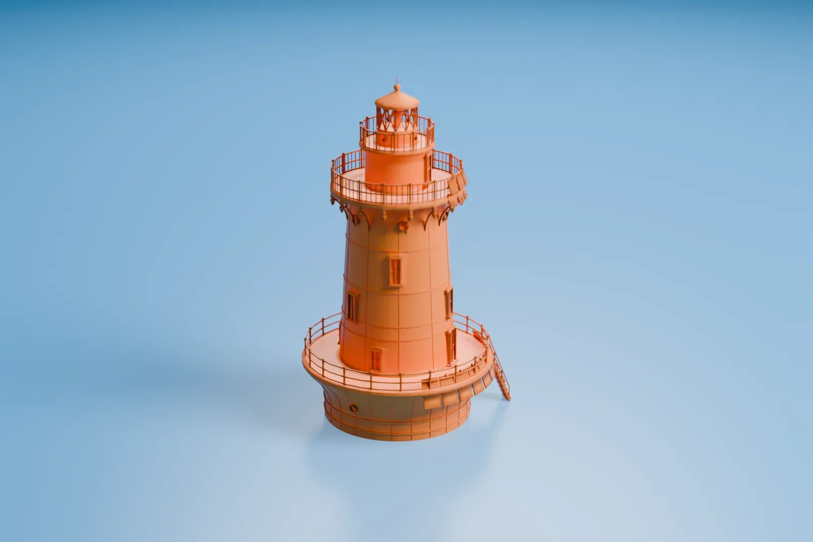 A white 3D print of Greens Ledge Light, a round tower with railed galleries and a small lantern on top, rising from a flared base in open water.
