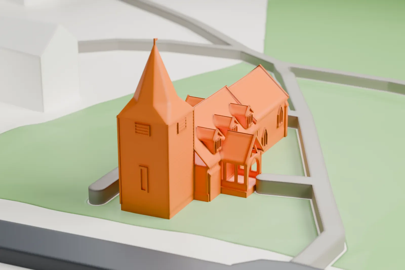 A white 3D print of Greensted Church, a small building mass on its footprint, with the surrounding buildings of its village.