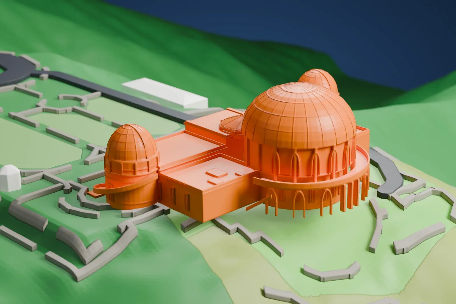 A white 3D print of Griffith Observatory, a building with a large central dome and two smaller domes on a steep hillside, with paths and a road below it.