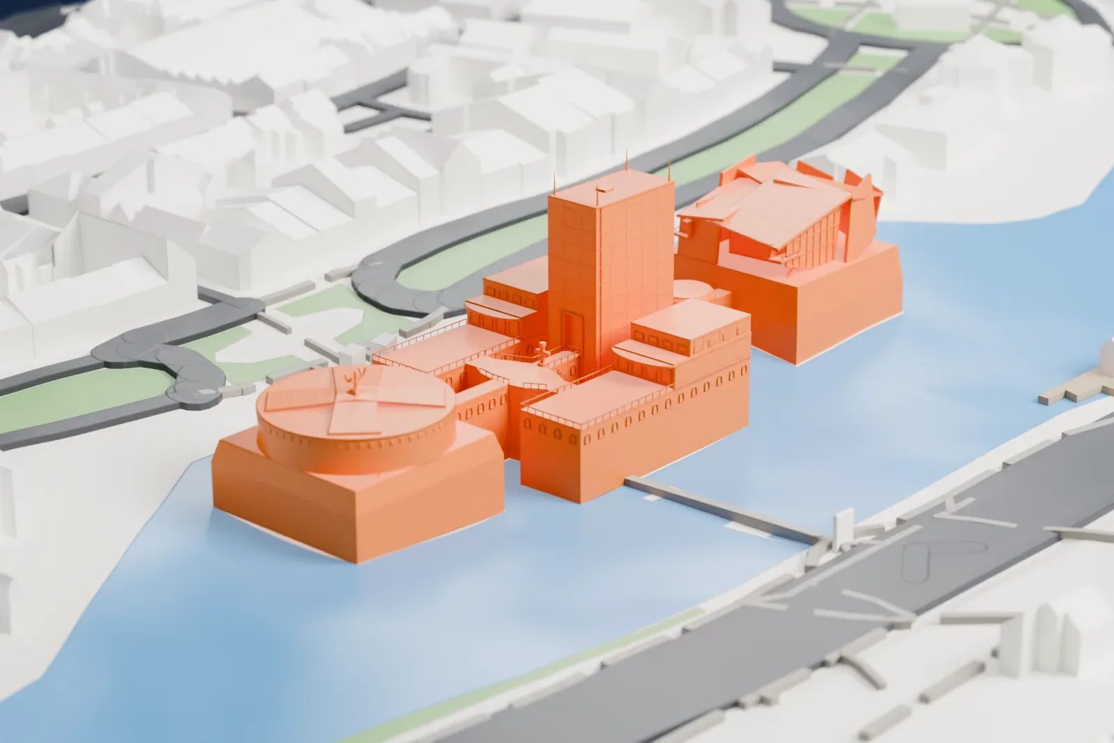 A white 3D print of the Groninger Museum, a group of pavilions standing in a canal: a round drum with a spoked roof, a tall square tower and a pavilion of tilted angular roofs, with streets and rows of buildings around the water.