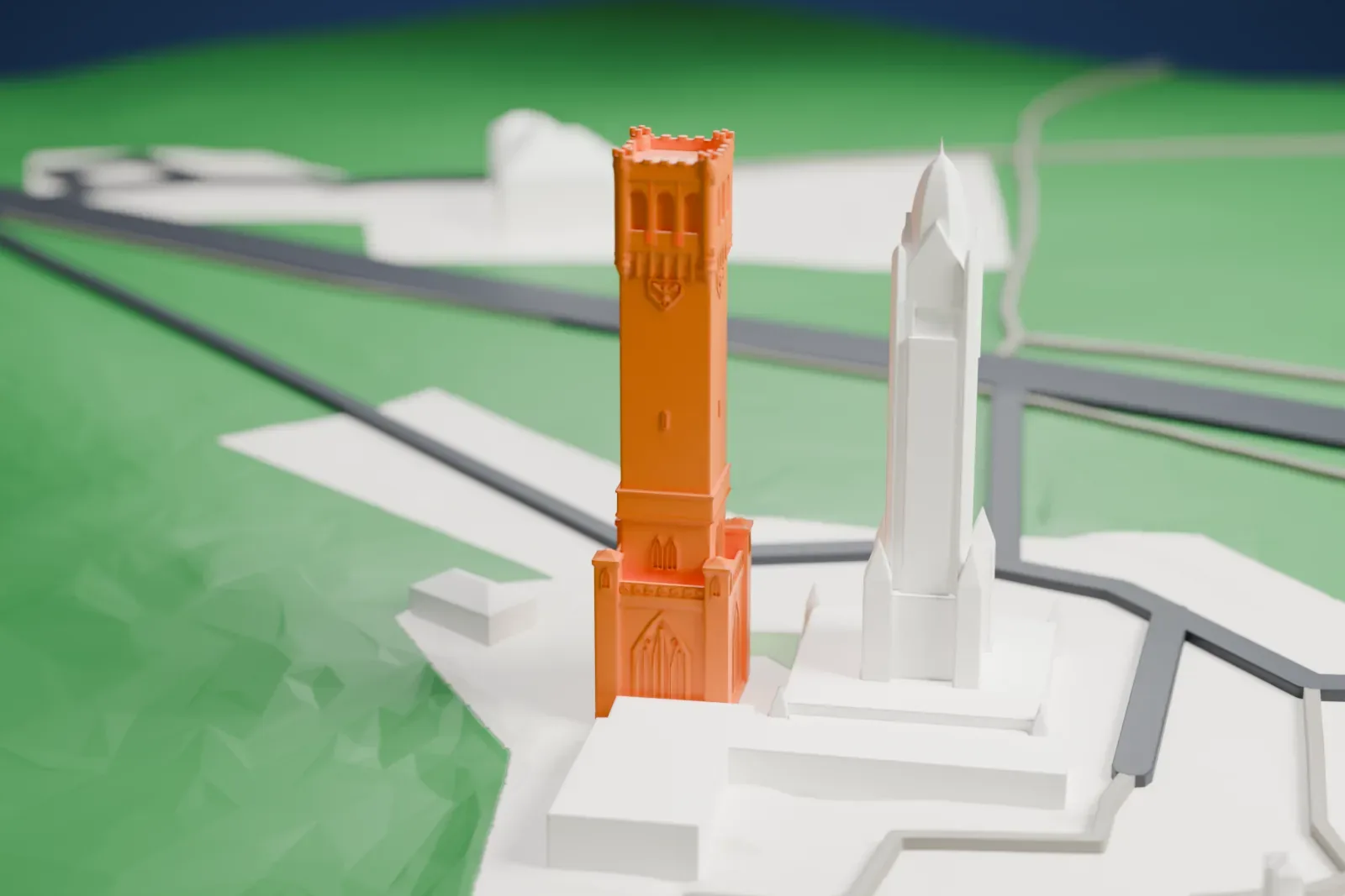 A white 3D print of the Grunewald Tower rising above the Grunewald forest in southwestern Berlin.