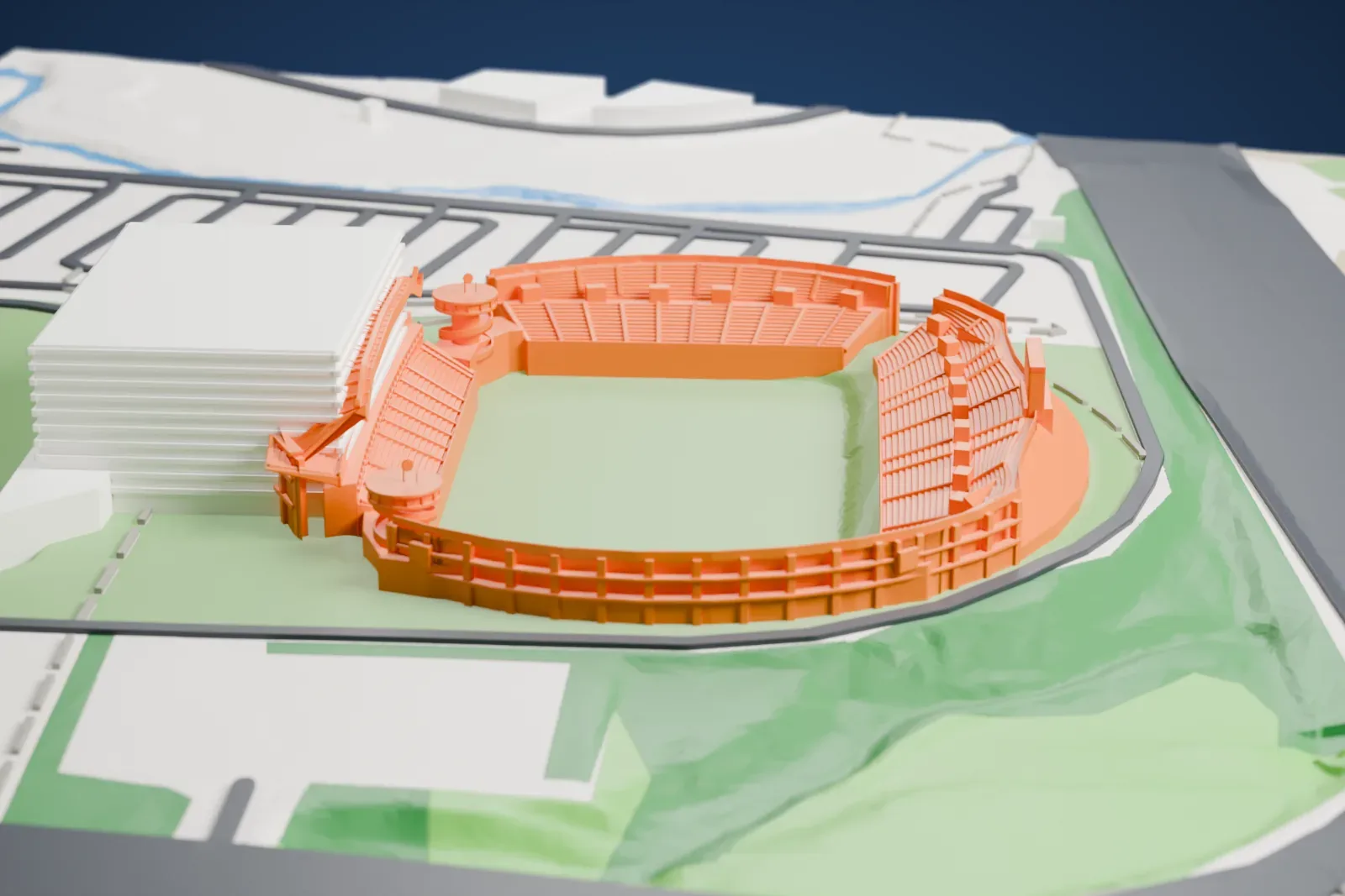 A white 3D print of GSP Stadium, its west main stand under a masted canopy above an open bowl, among the surrounding streets and buildings.