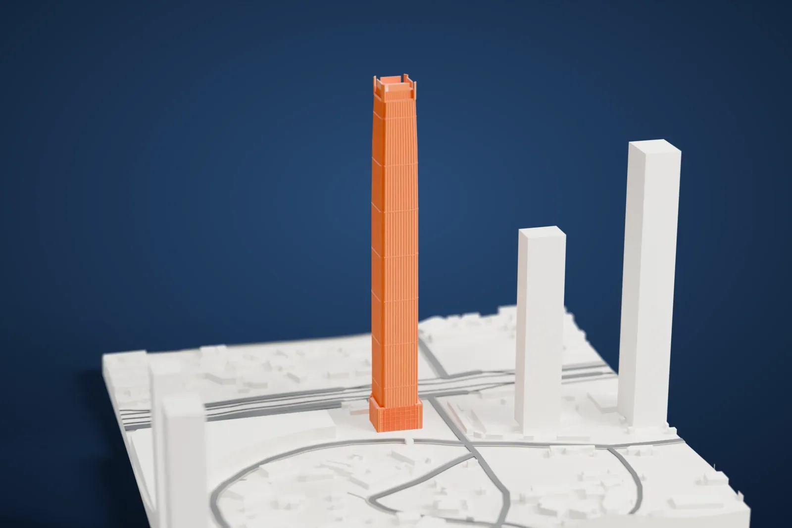 A white 3D print of Guangxi China Resources Tower, a tall skyscraper standing among surrounding city buildings.