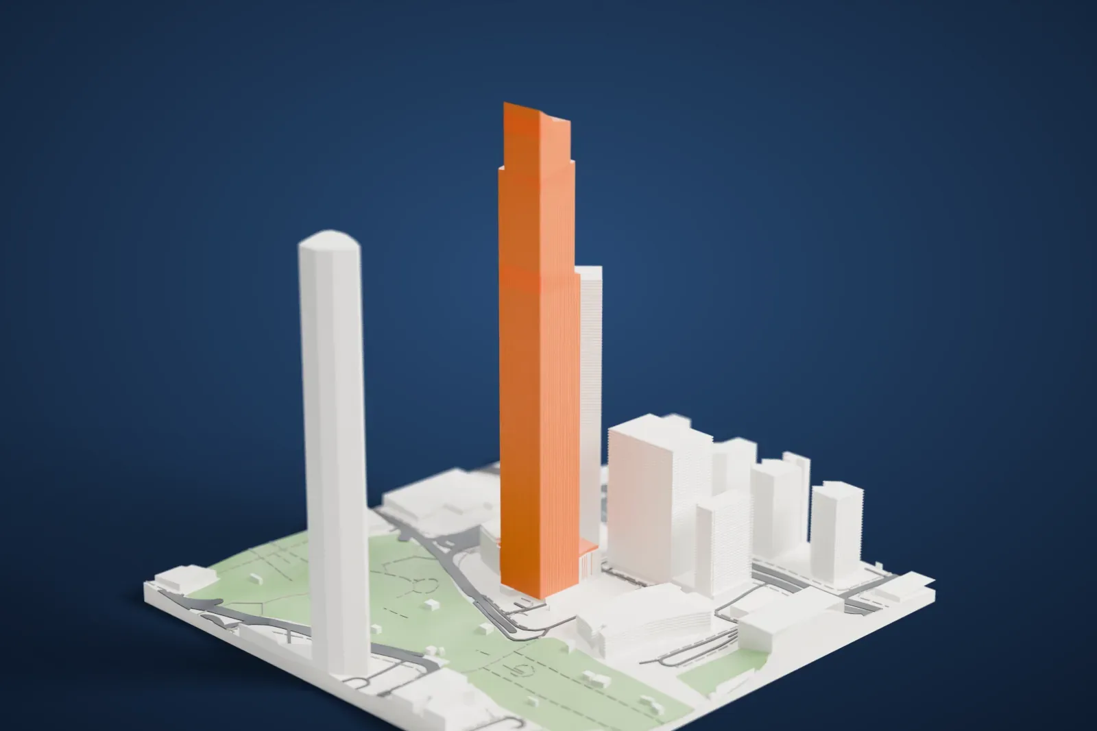 A white 3D print of the Guangzhou CTF Finance Centre, a very tall, slim tower with stepped setbacks and an angled top, rising beside a park and neighboring towers.