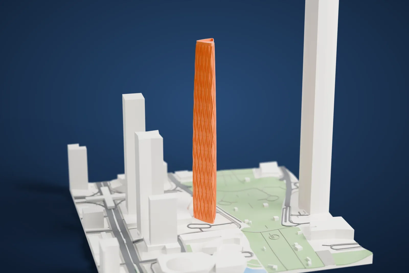 A white 3D print of the Guangzhou International Finance Center rising above the surrounding streets and buildings of Guangzhou.