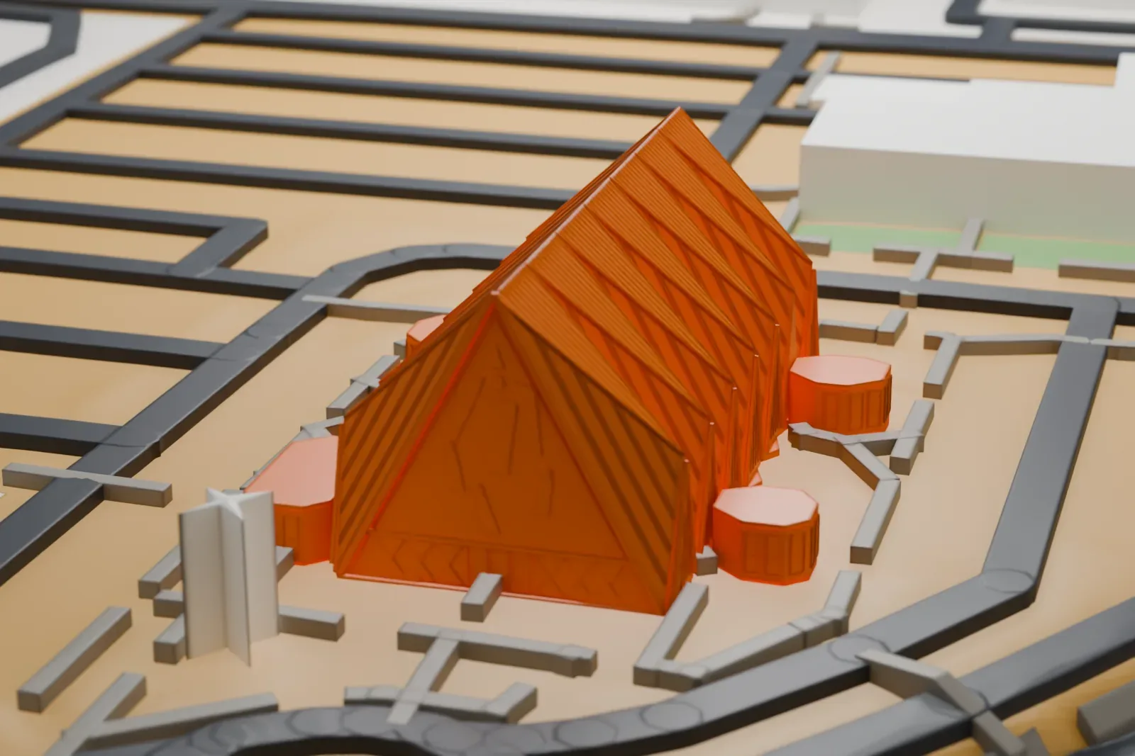 A white 3D print of Guardian Angel Cathedral, a steep triangular A-frame church with ridged roof slopes and small octagonal blocks around its base, among streets and low plots.