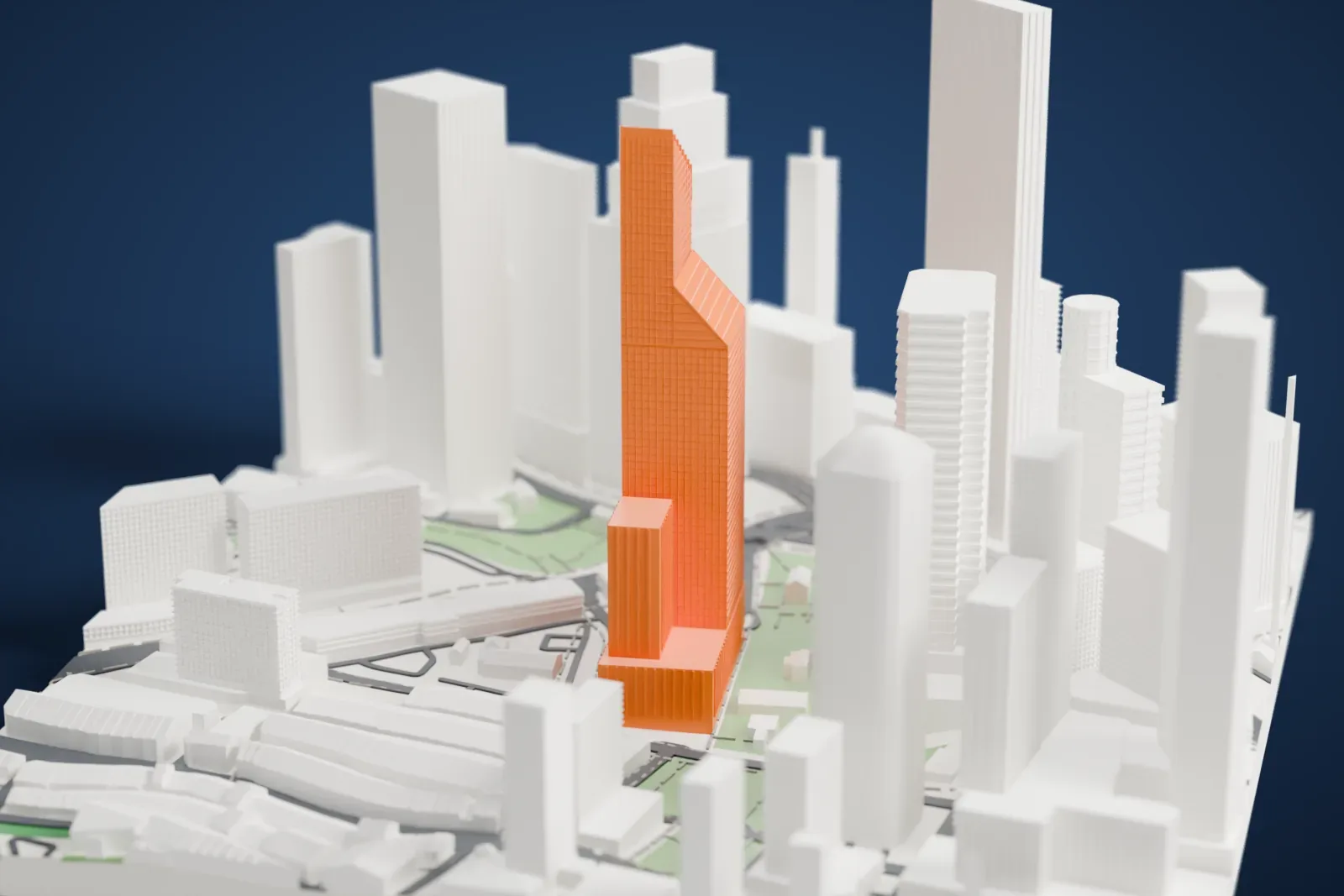 A white 3D print of Guoco Tower, a tall slim tower with an angled, finned top, standing among neighboring high-rises, small parks and streets.