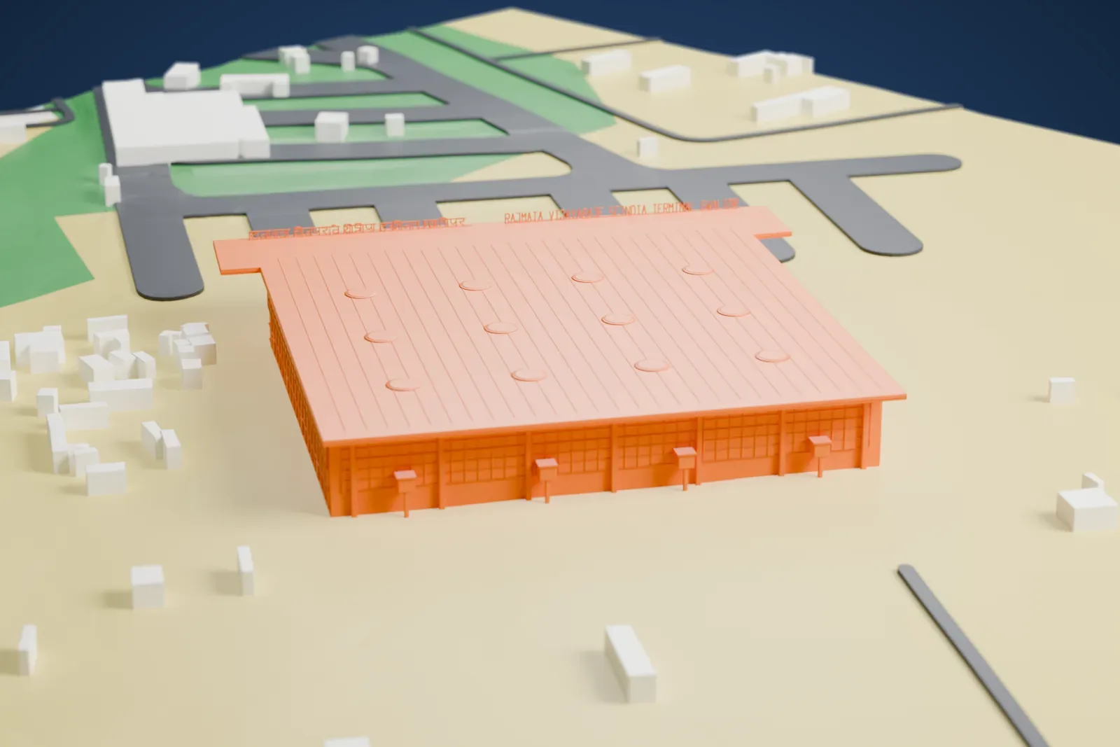 A white 3D print of the New Terminal at Gwalior Airport, a broad low terminal with a wide projecting roof and an open entrance portico, among airport buildings.