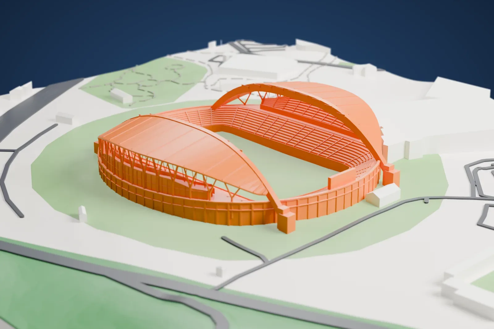 A white 3D print of Gwangju World Cup Stadium, its two great arches carrying the roof over the side stands, among the surrounding streets and buildings.