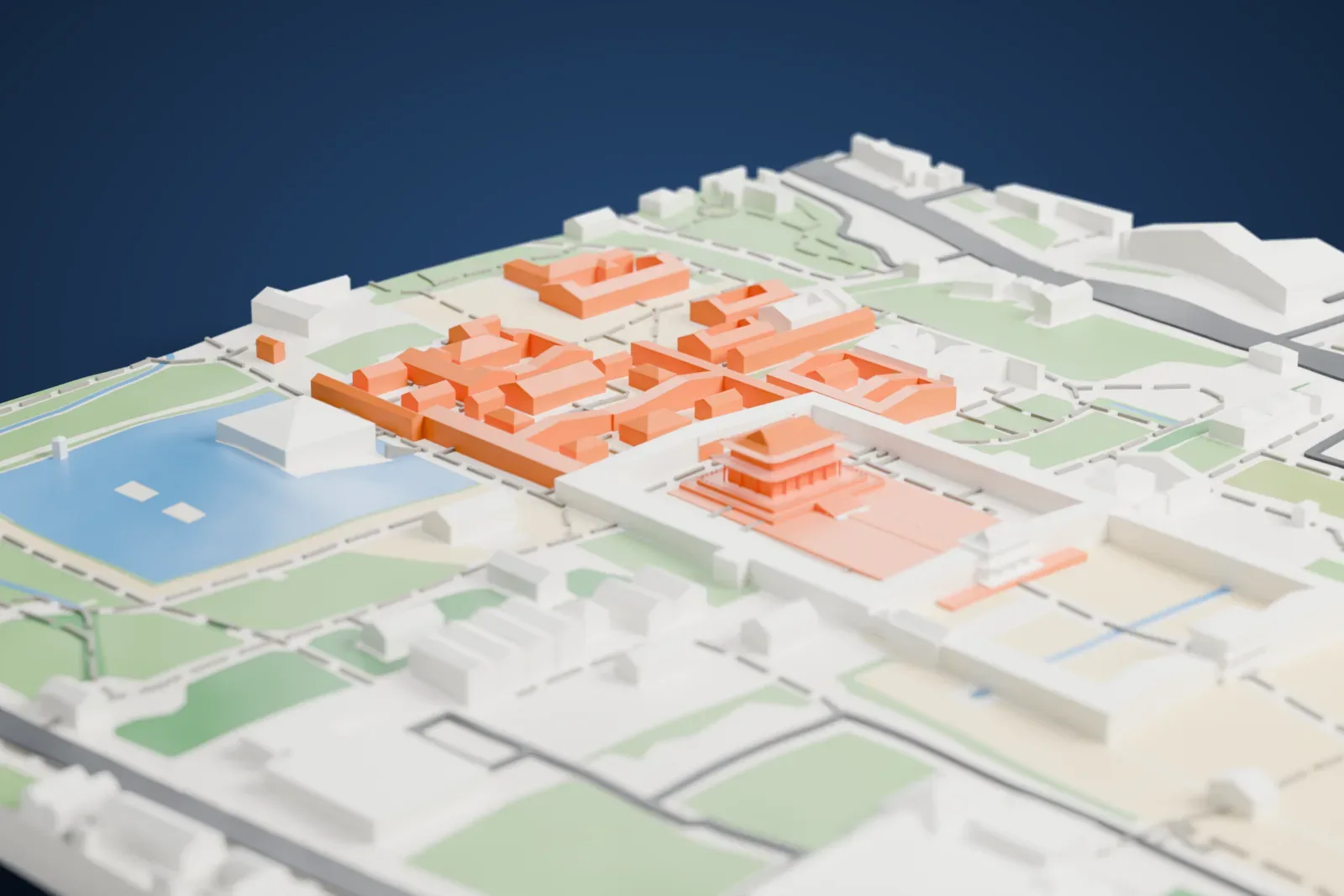 A white 3D print of Gyeongbokgung Palace, two tiered-roof halls joined by a paved courtyard on a stepped platform, set among walls, grounds and low buildings.
