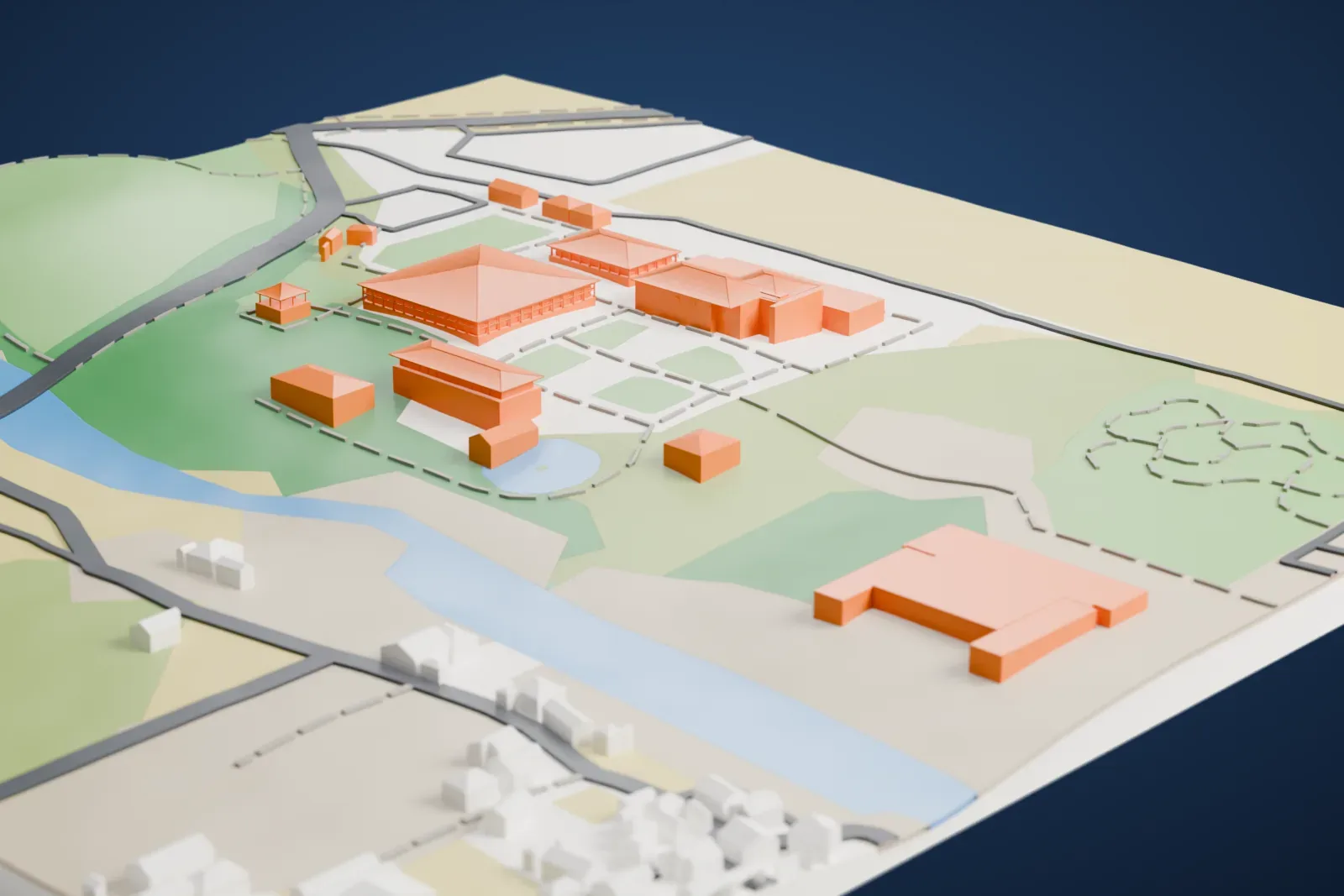 A white 3D print of the Gyeongju National Museum, a group of separate halls with broad hipped roofs on lawns and paths, with green grounds and a pond nearby.