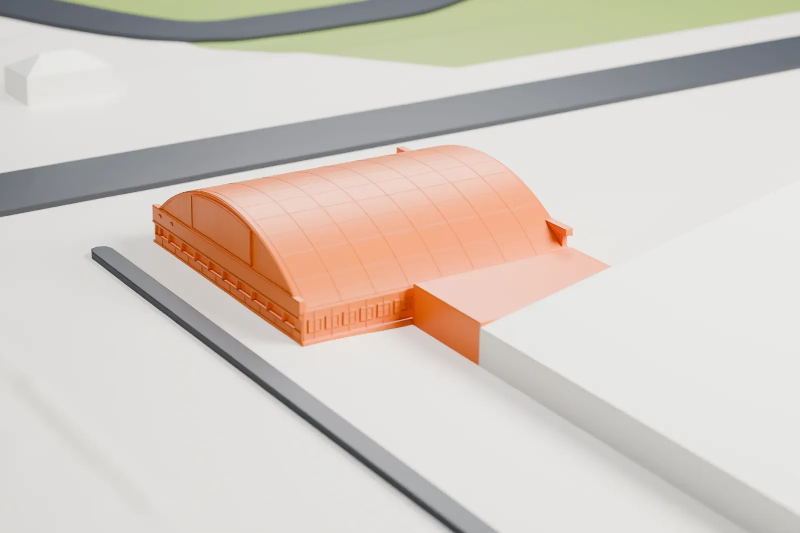 A white 3D print of the Hagerstown Aviation Museum's hangar, a low building with a gridded barrel roof, standing on flat, open ground.