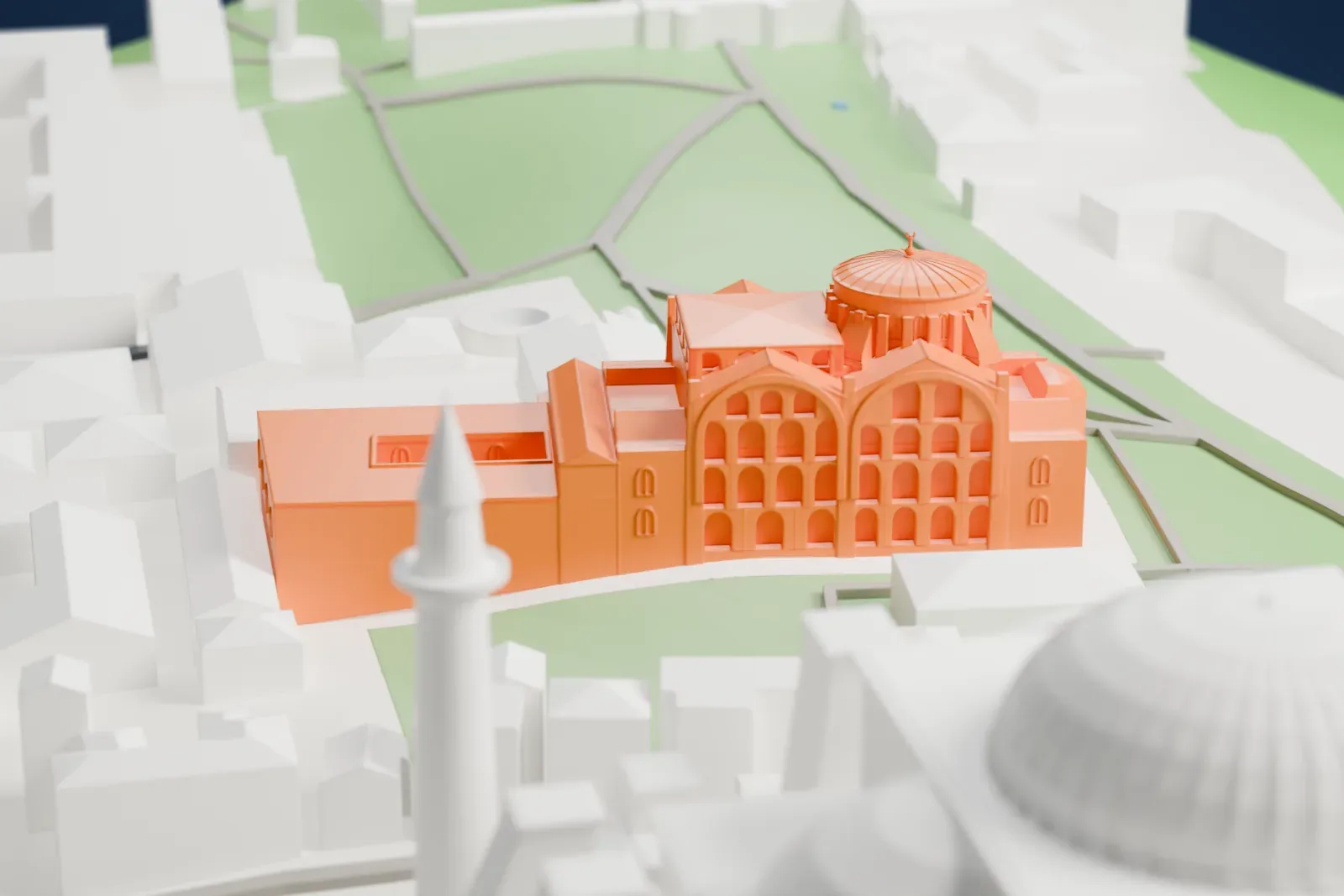 A white 3D print of Hagia Irene in Istanbul, with the surrounding streets and buildings.
