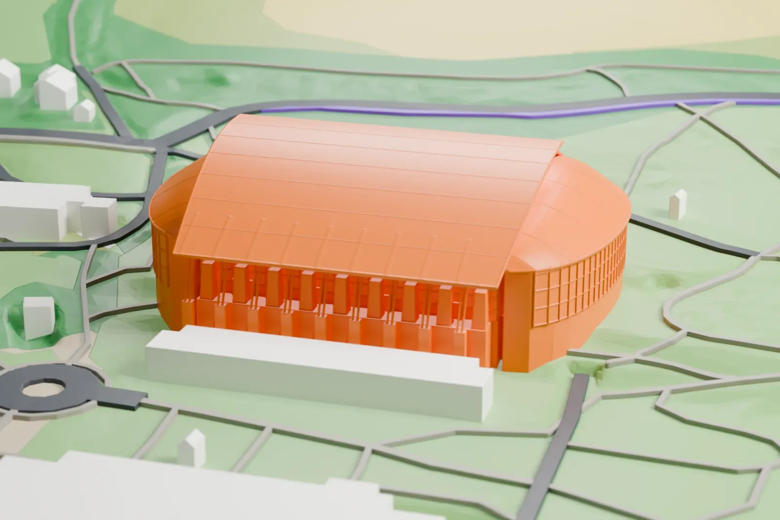 A white 3D print of Håkons Hall, a large arena under a sweeping curved roof with rounded ends, set among paths and low buildings.