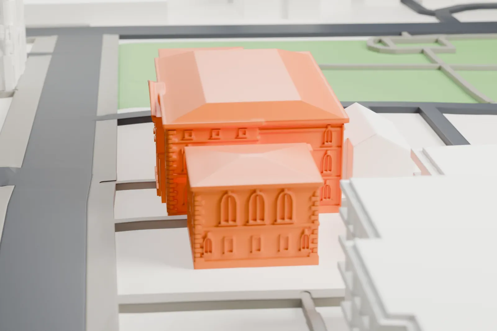 A white 3D print of the Halifax Court House among the surrounding streets and buildings.
