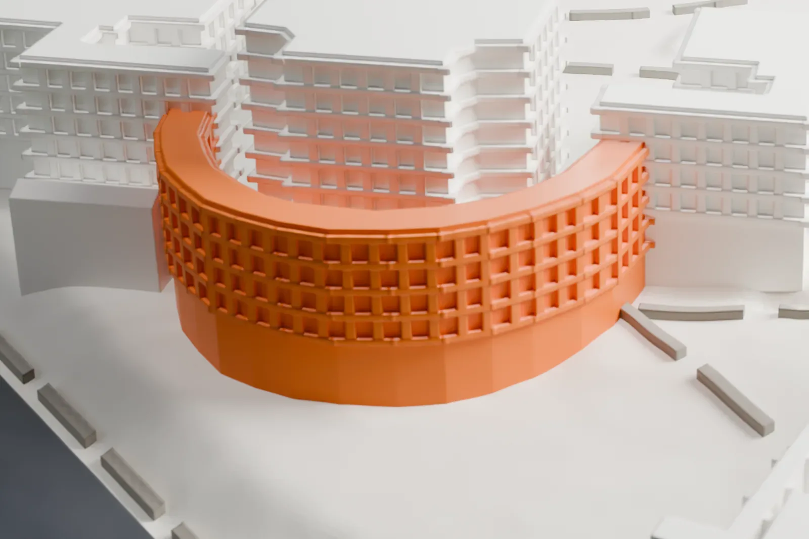 A white 3D print of the Hall of Fame for Great Americans, a long curved colonnade with a tiled roof, set against tall buildings and open paved ground.