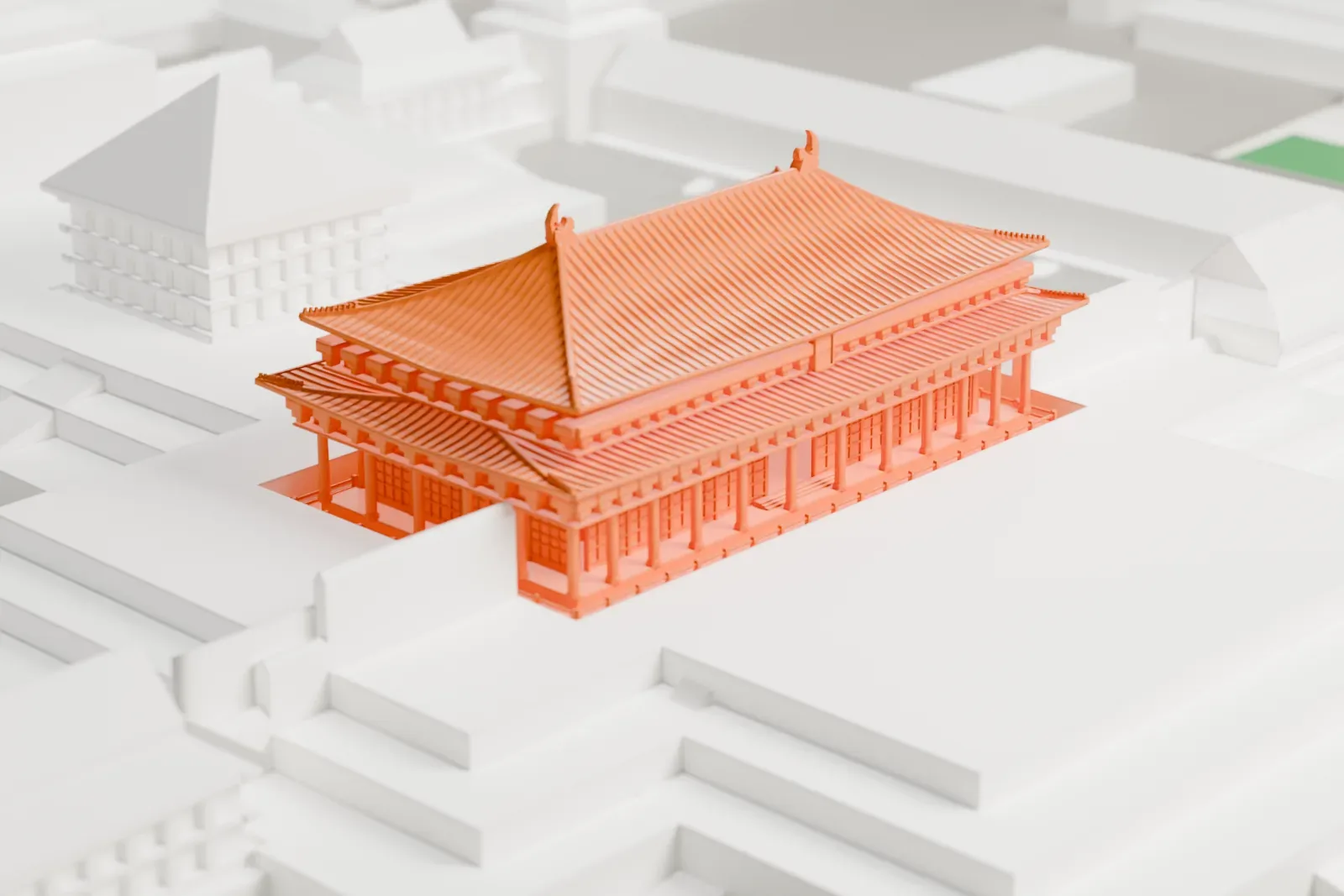 A white 3D print of the Hall of Supreme Harmony with its two curved hip roofs and stepped terrace, among the surrounding city.