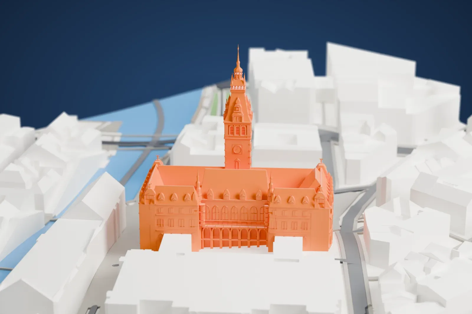A white 3D print of Hamburg City Hall, a large building with a tall tower, on the Rathausmarkt in Hamburg.