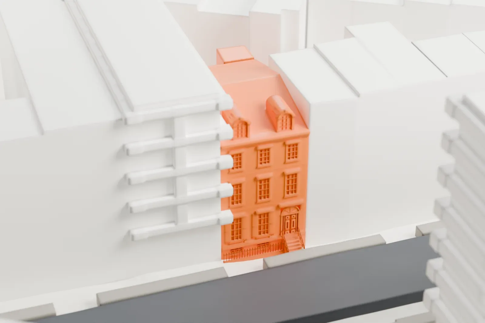 A white 3D print of the Hamilton Fish House, a small narrow building set among dense blocks of taller buildings and streets.