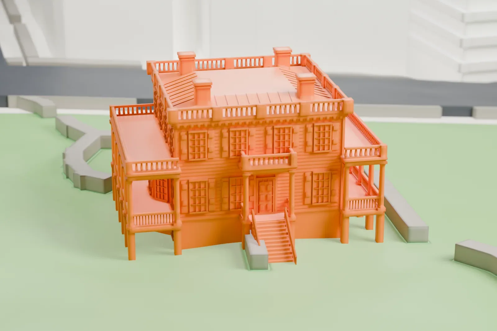 A white 3D print of Hamilton Grange, a two-story house with porches, balustrades and four small chimneys, on a grassy hillside with park paths and tall buildings nearby.