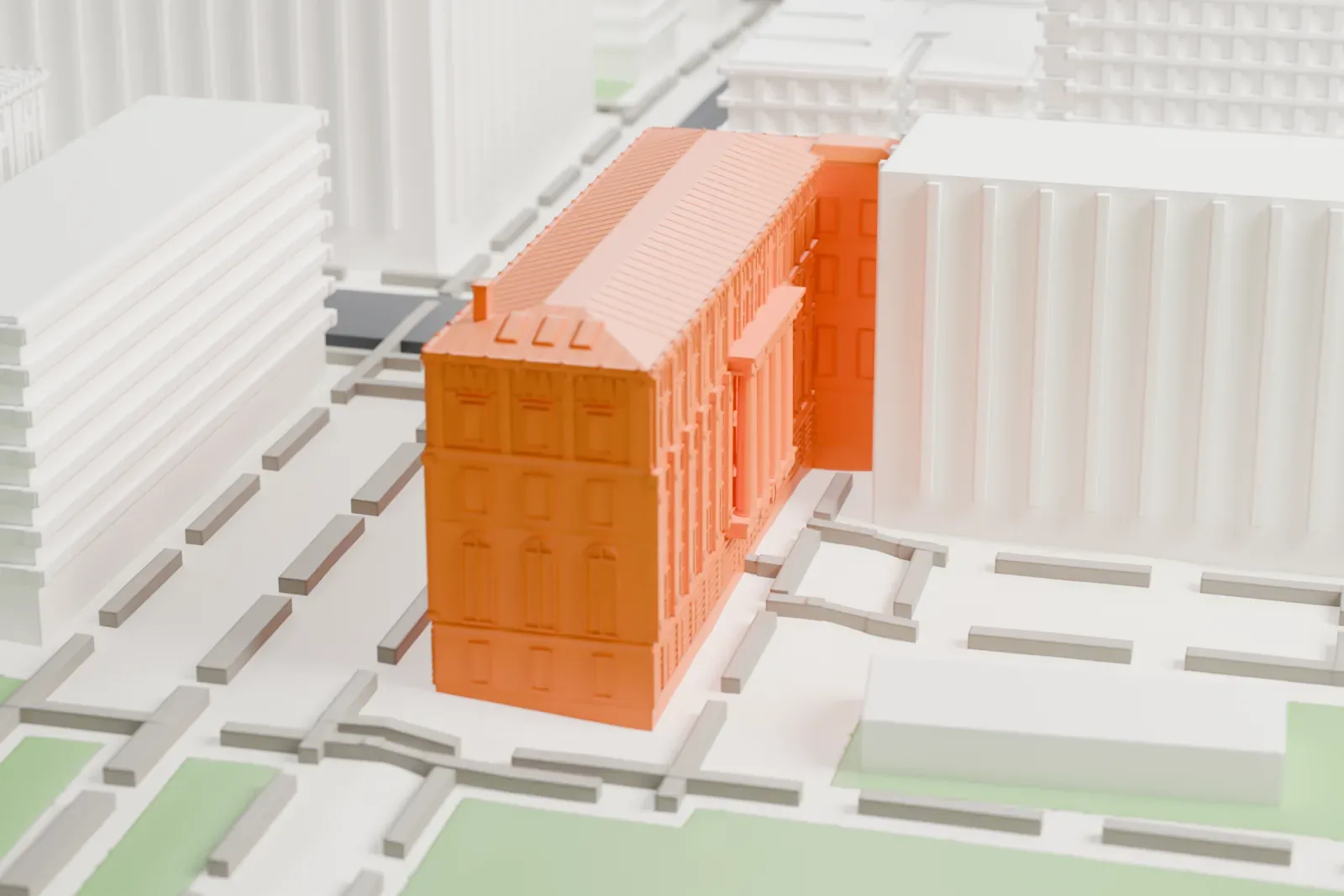 A white 3D print of Hamilton Hall, a long Neoclassical building with a columned porch and a ribbed roof, beside campus lawns and taller buildings.