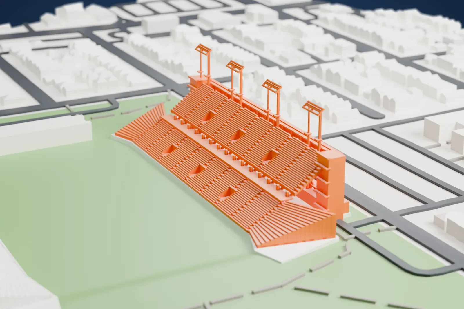 A white 3D print of Hamilton Stadium, two long grandstands facing each other across a green field, with slim light towers on top and rows of small buildings around it.