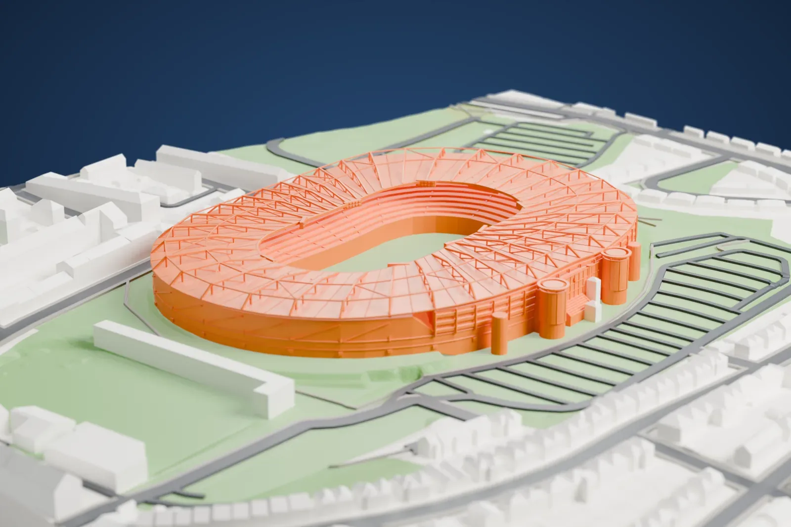 A white 3D print of Hampden Park, a football stadium, among the surrounding streets and buildings.