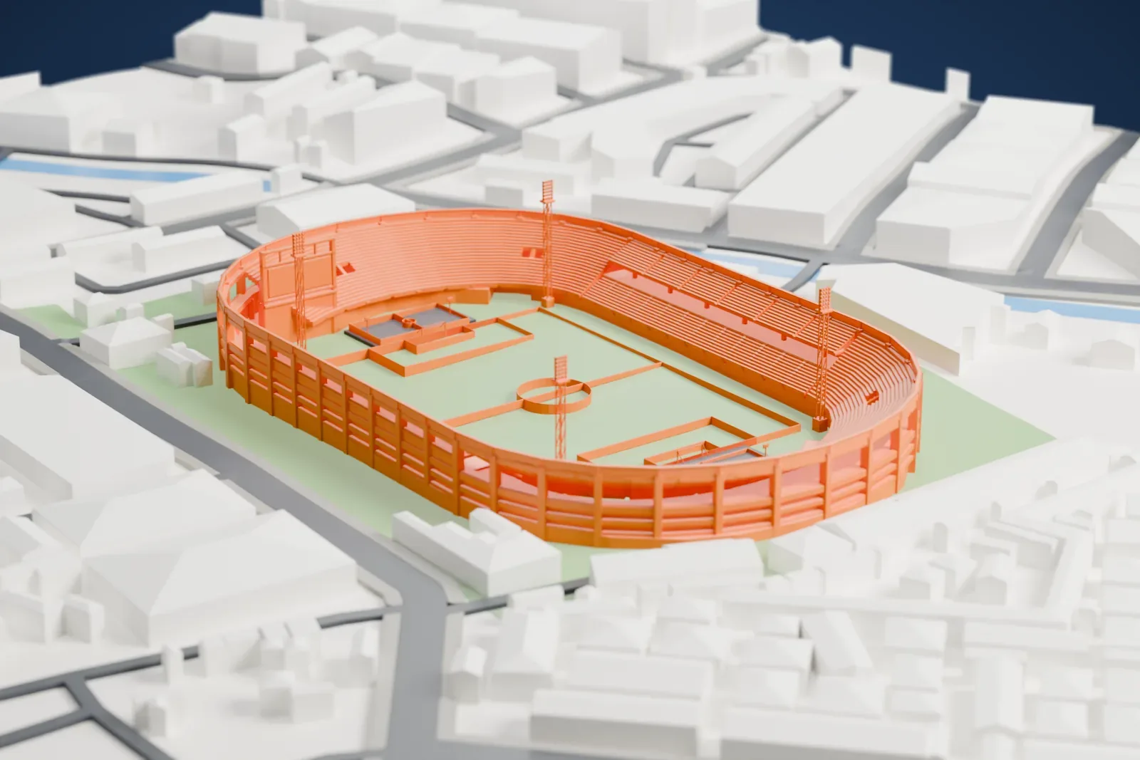 A white 3D print of Hamz Stadium, an open oval bowl with four floodlight masts, set among surrounding streets and buildings in Kampala.